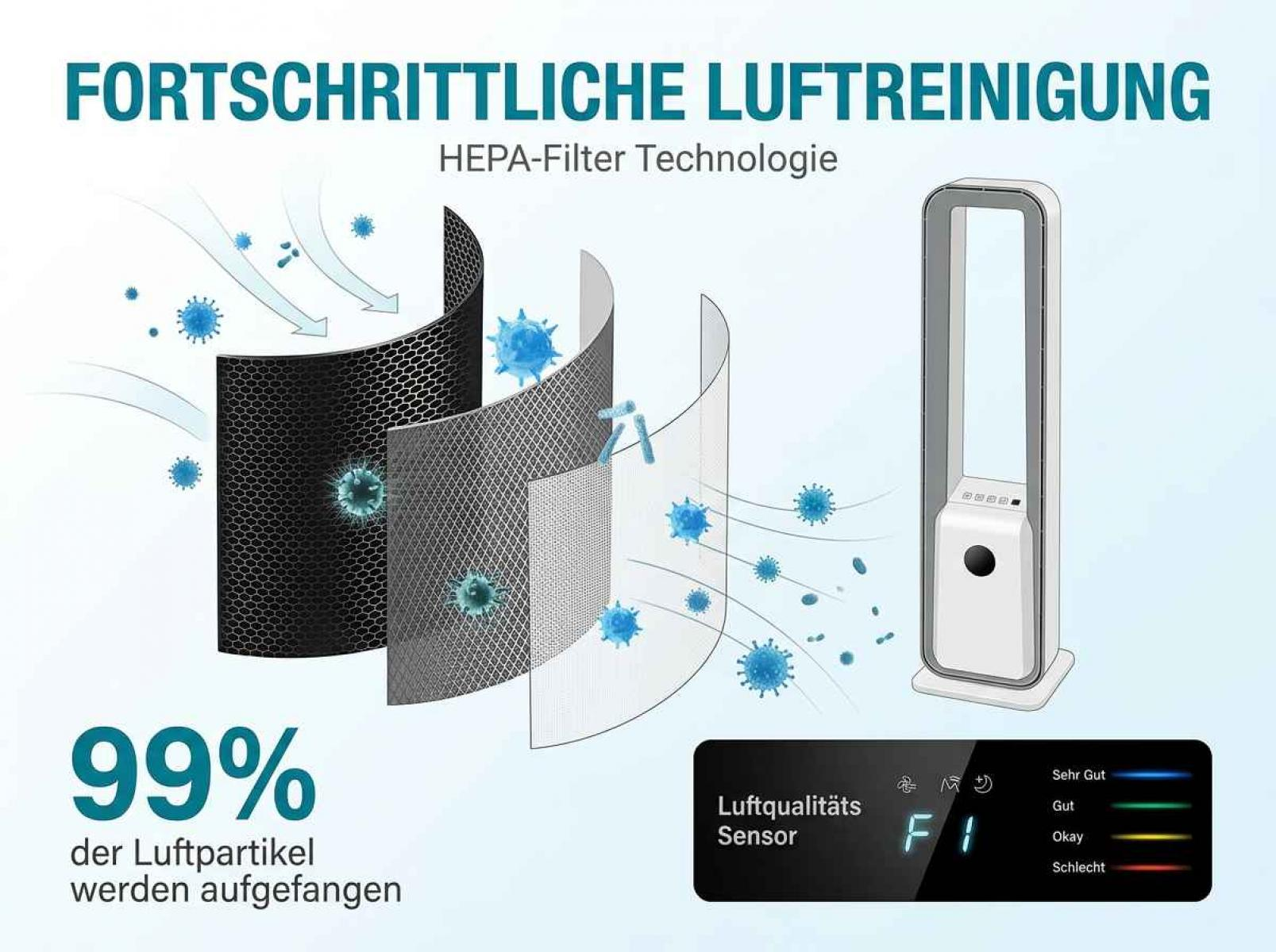 Luftreiniger mit HEPA-Filter: 3 Filterlagen fangen 99% Partikel.