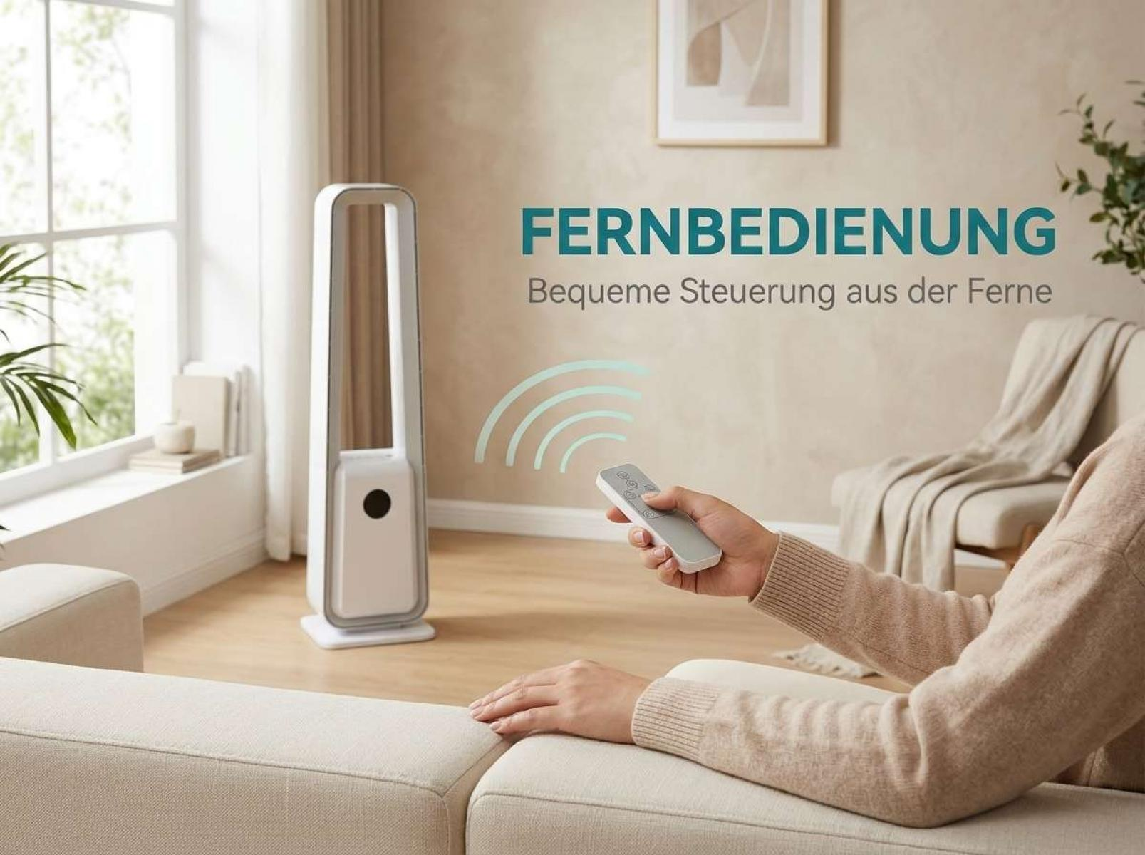 Eine Hand hält eine Fernbedienung und richtet sie auf einen weißen Turmventilator.