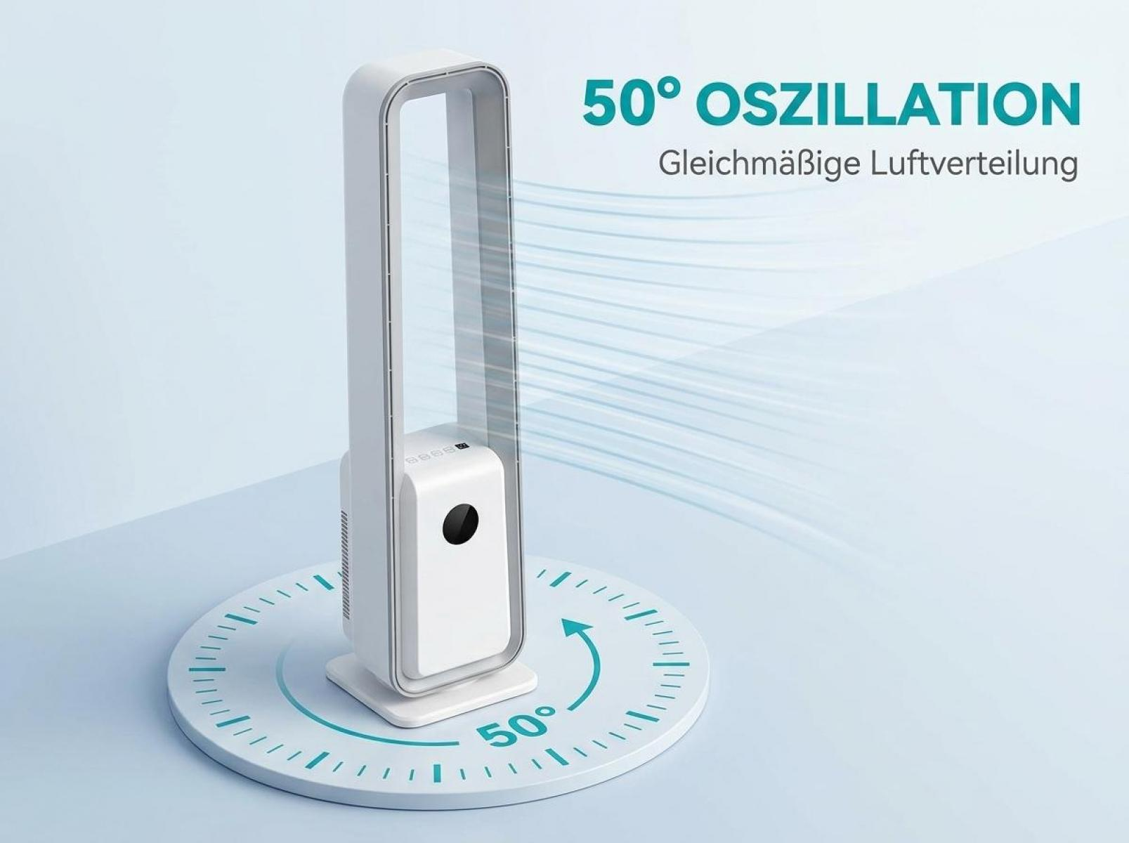 Weißer Turmlüfter mit 50° Oszillation und Luftstromanzeige.