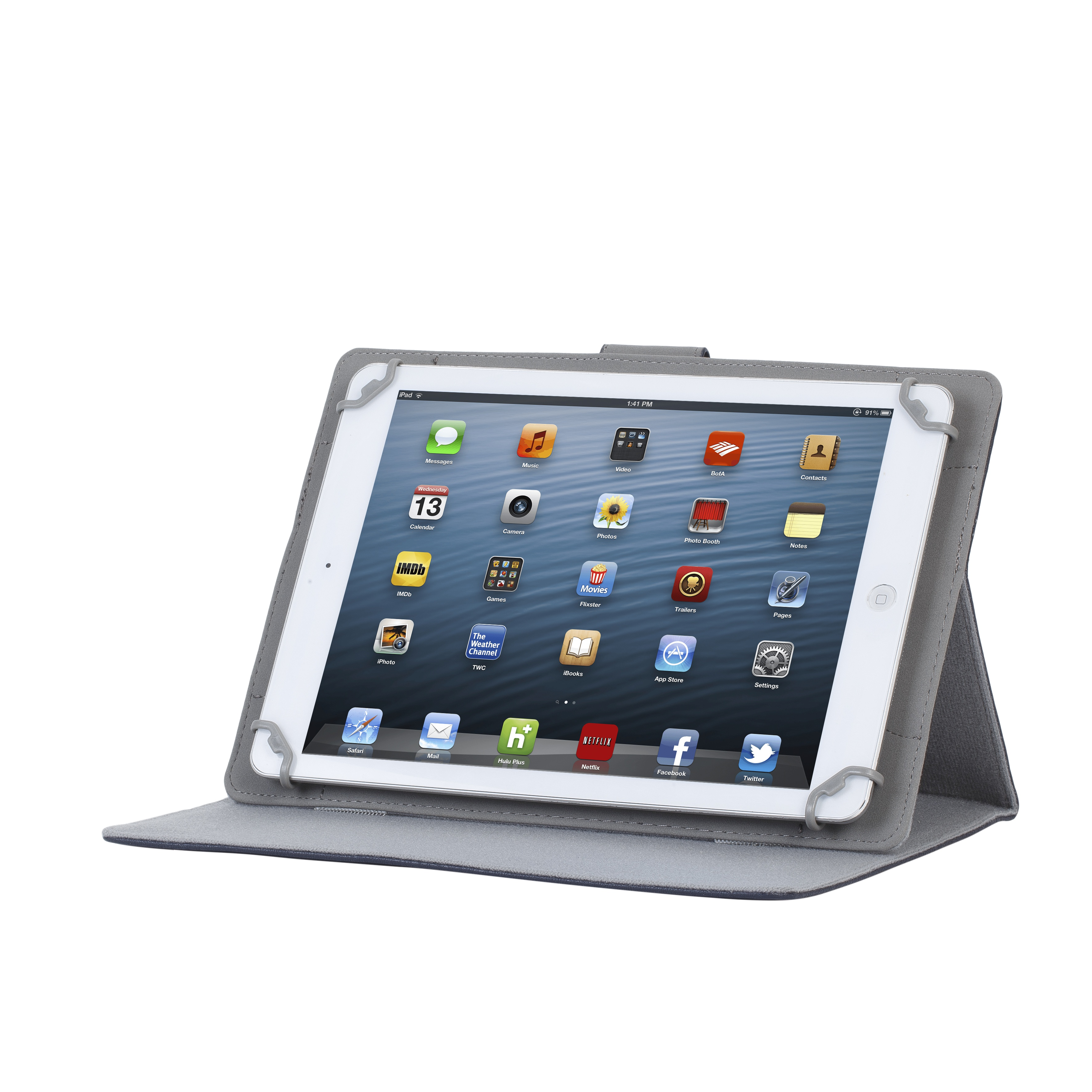 An iPad in a gray case displays its home screen with app icons.