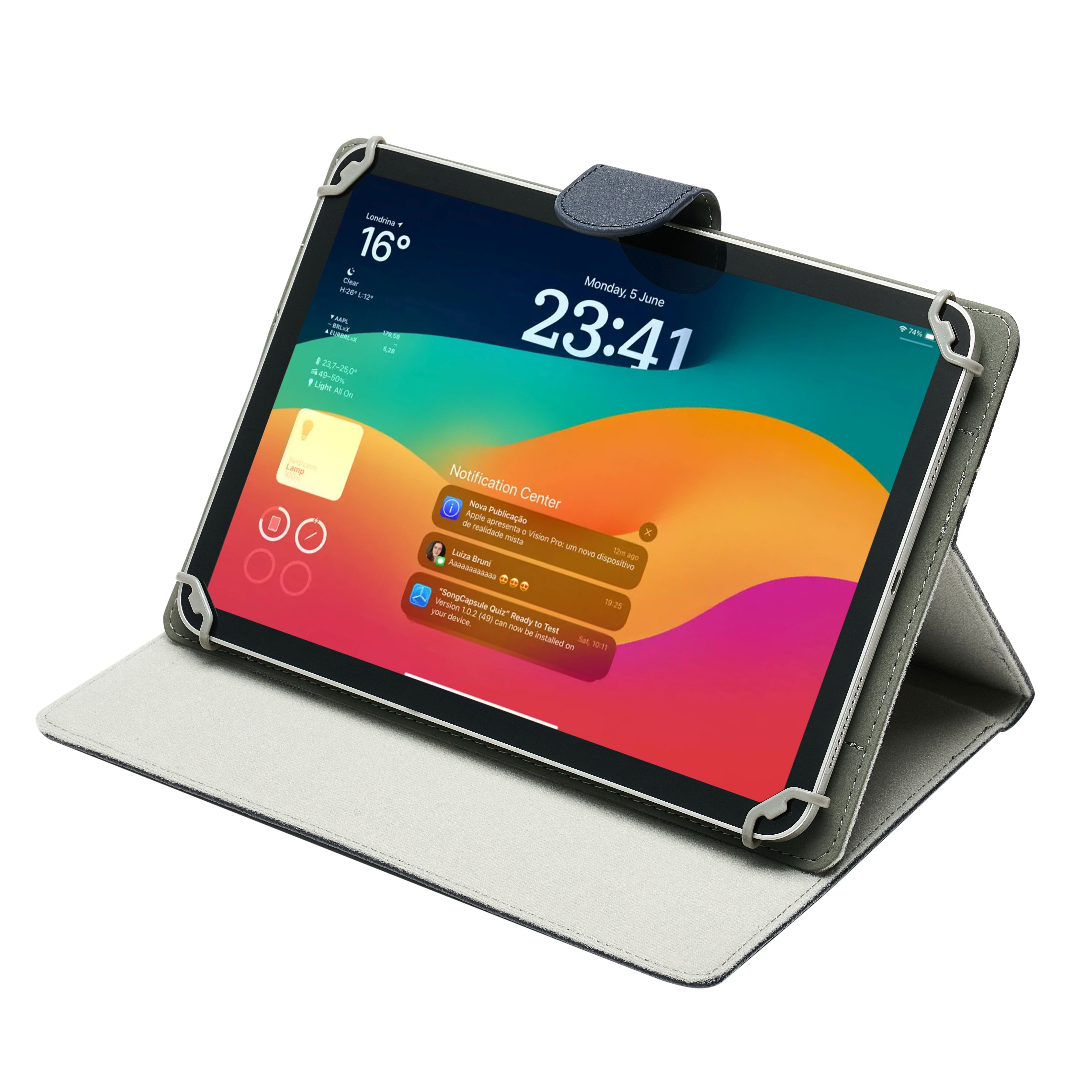 A tablet in a gray case displays its lock screen with time and notifications.