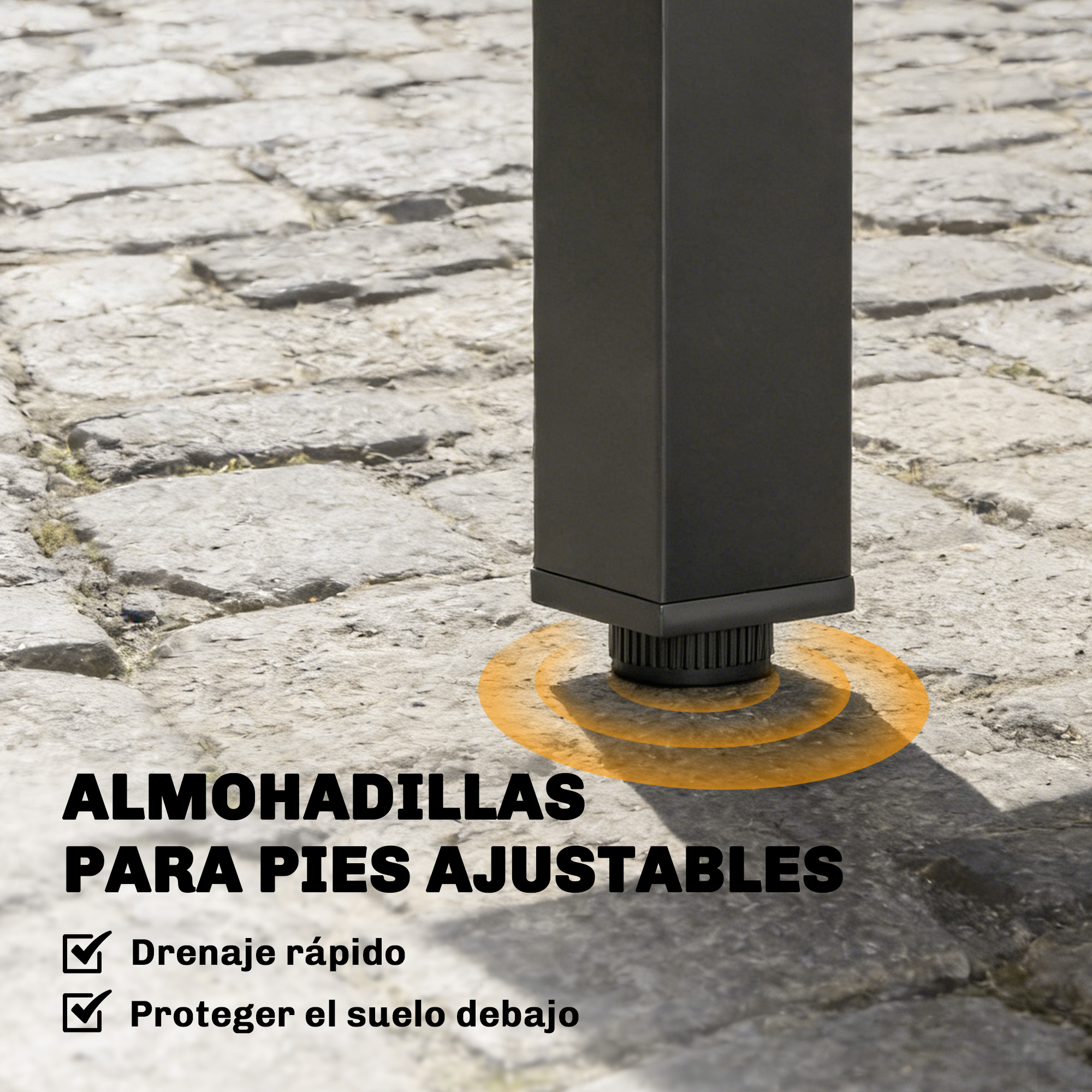 Pata de mesa negra con pie ajustable sobre suelo de adoquines.
