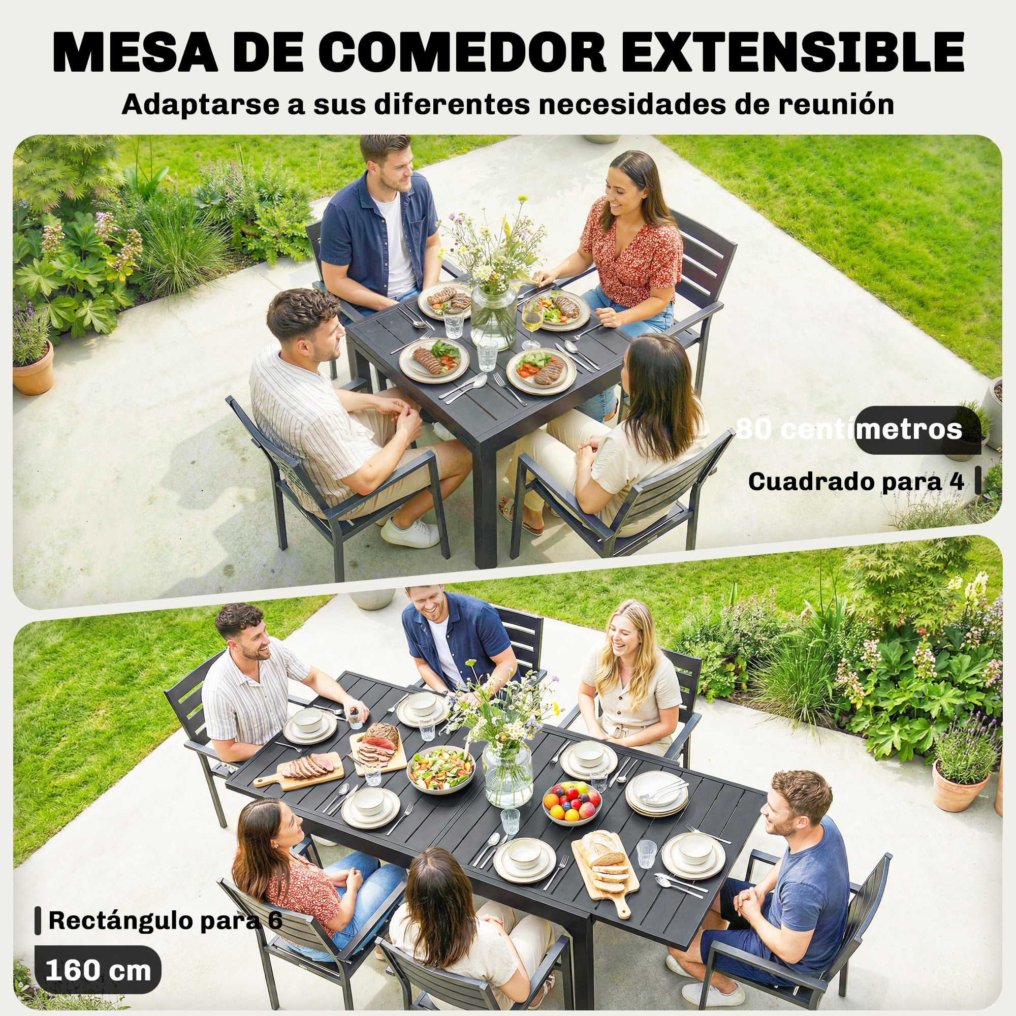 Dos mesas de comedor de jardín, una cuadrada para 4, una rectangular para 6, con comida y gente.