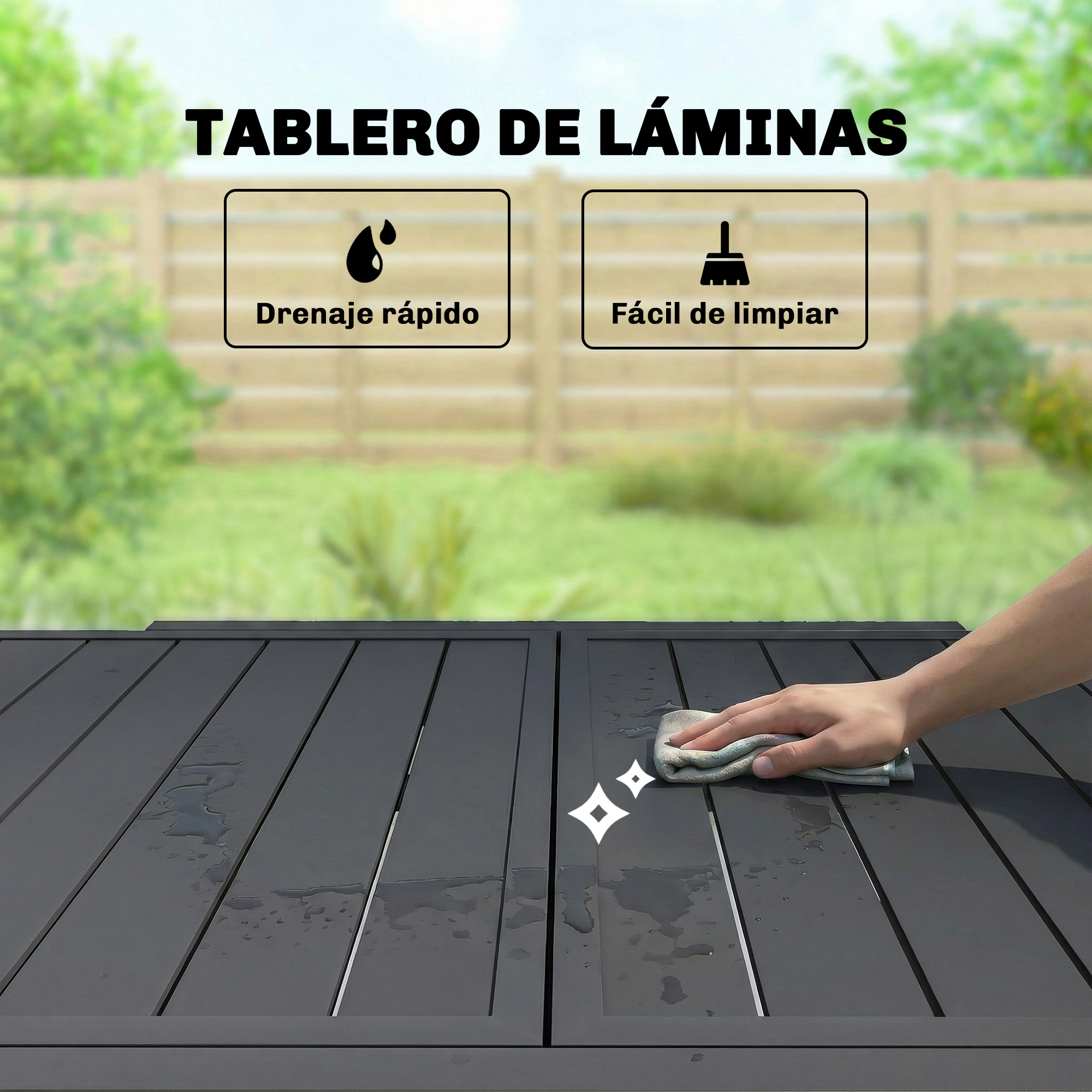 Una mano limpia una mesa oscura al aire libre con un paño. Rápido drenaje y fácil limpieza.