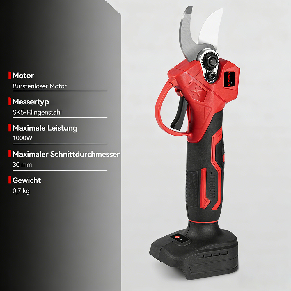 Rote Gartenschere mit schwarzem Griff, technischen Daten links.