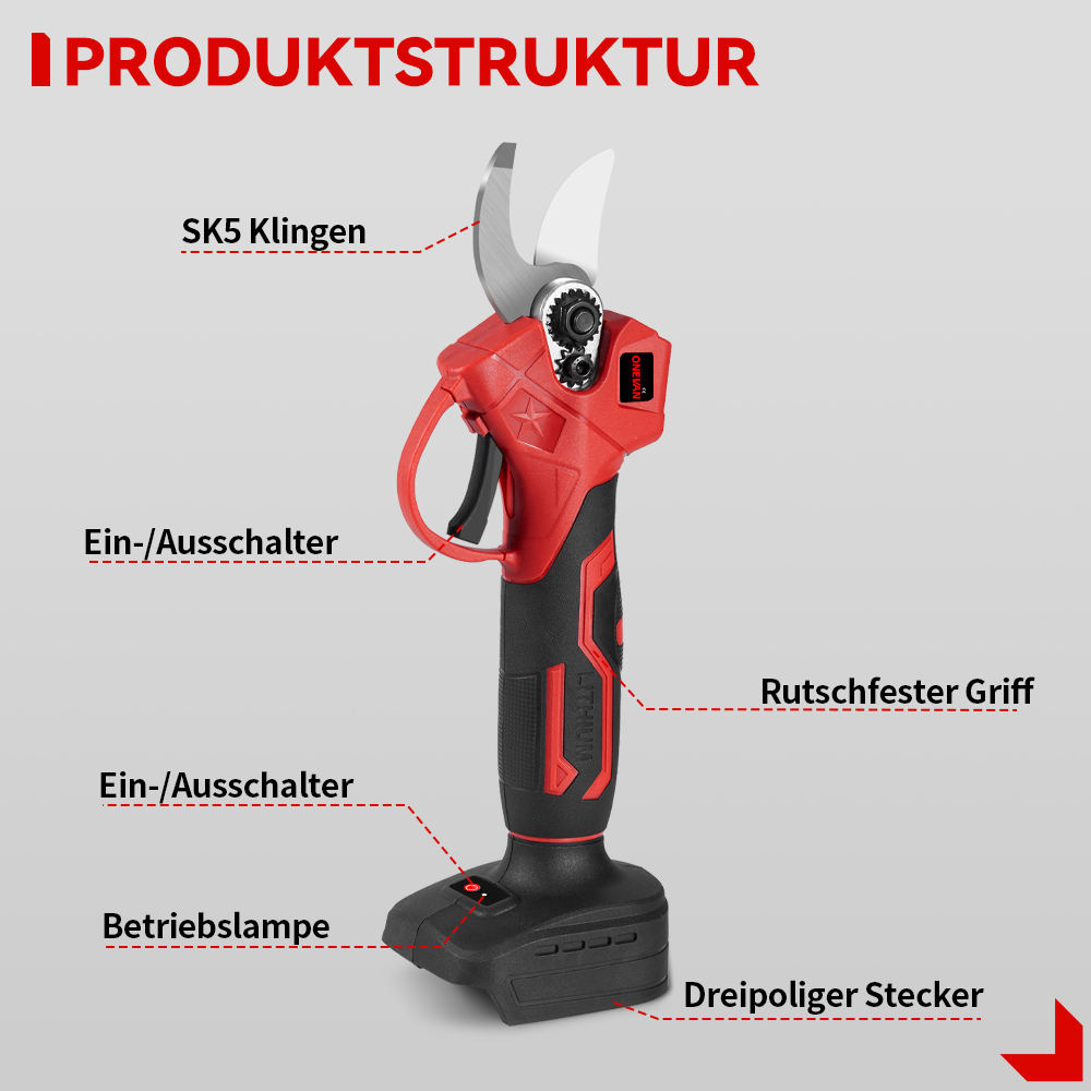 Elektrische Astschere mit SK5-Klingen, rutschfestem Griff und Betriebslampe.