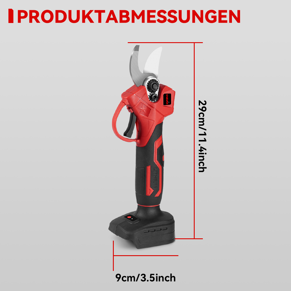 Elektrische Astschere, rot und schwarz, 29cm hoch, 9cm breit.