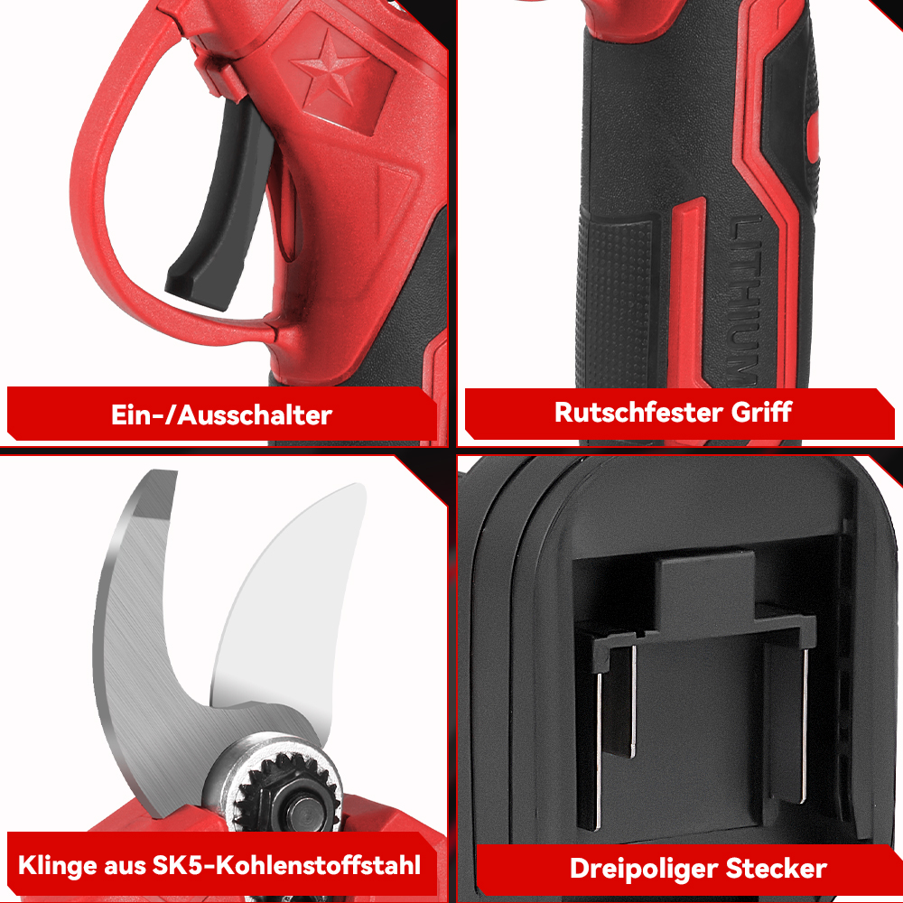 Vier Detailansichten einer roten Gartenschere: Ein-/Ausschalter, Griff, Klinge und Stecker.