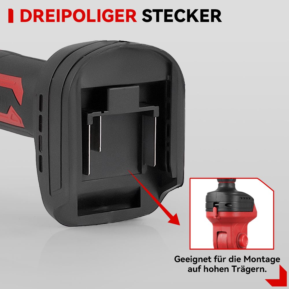 Schwarze Werkzeugakkuhalterung mit silbernen Kontakten. Einsatz zeigt roten und schwarzen Werkzeugkopf.