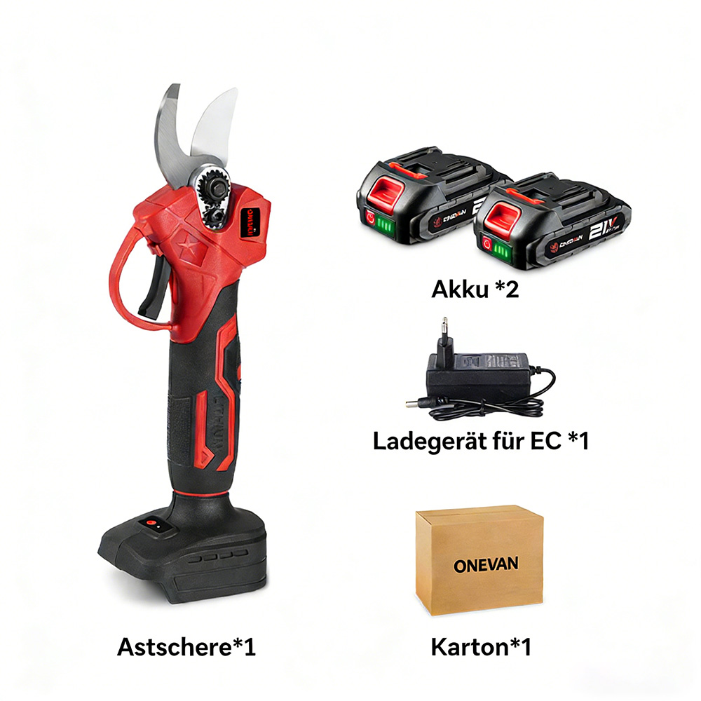 Ein roter Astschere mit zwei Akkus, Ladegerät und Karton auf weißem Hintergrund.