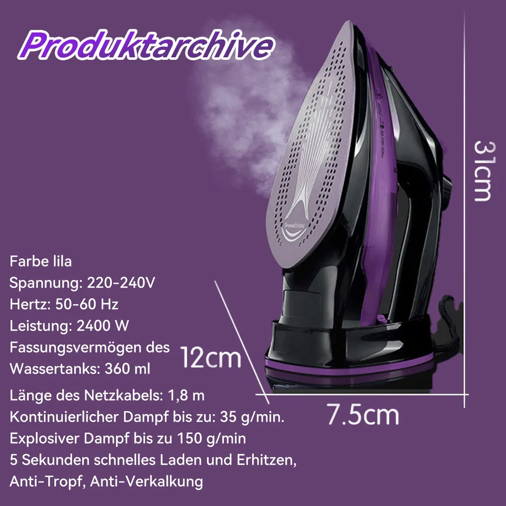 Lila Dampfbügeleisen mit technischen Daten und Maßen.