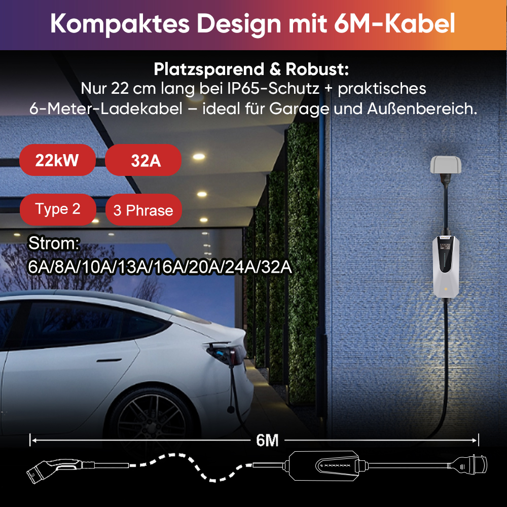 Kompakte Ladestation mit weißem Elektroauto, 6m Kabel, 22kW/32A, Typ 2, 3 Phasen.