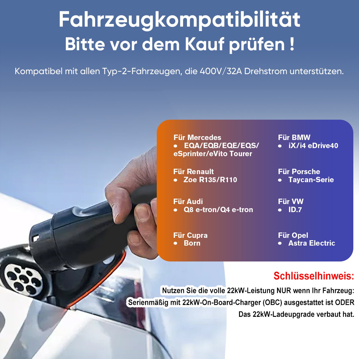 Hand hält Ladestecker für Elektroautos, Liste von kompatiblen Marken.