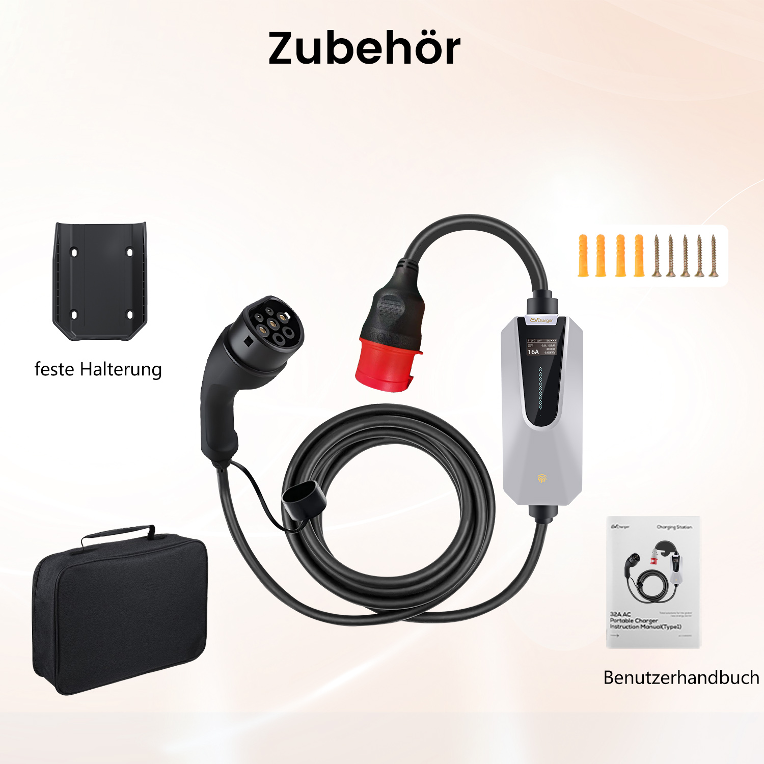 Zubehör für Elektroautos: Ladekabel, Wandhalterung, Tasche, Schrauben und Handbuch.
