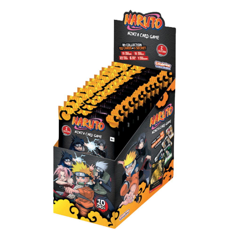 Verkaufsdisplay für Naruto Ninja Kartenspiel mit Charakterabbildungen und vielen Packungen.