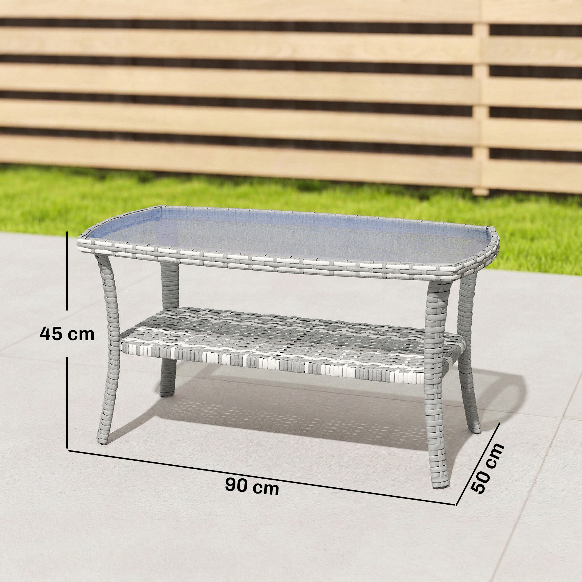 Mesa de centro de ratán gris con tapa de cristal, 90x50x45 cm.