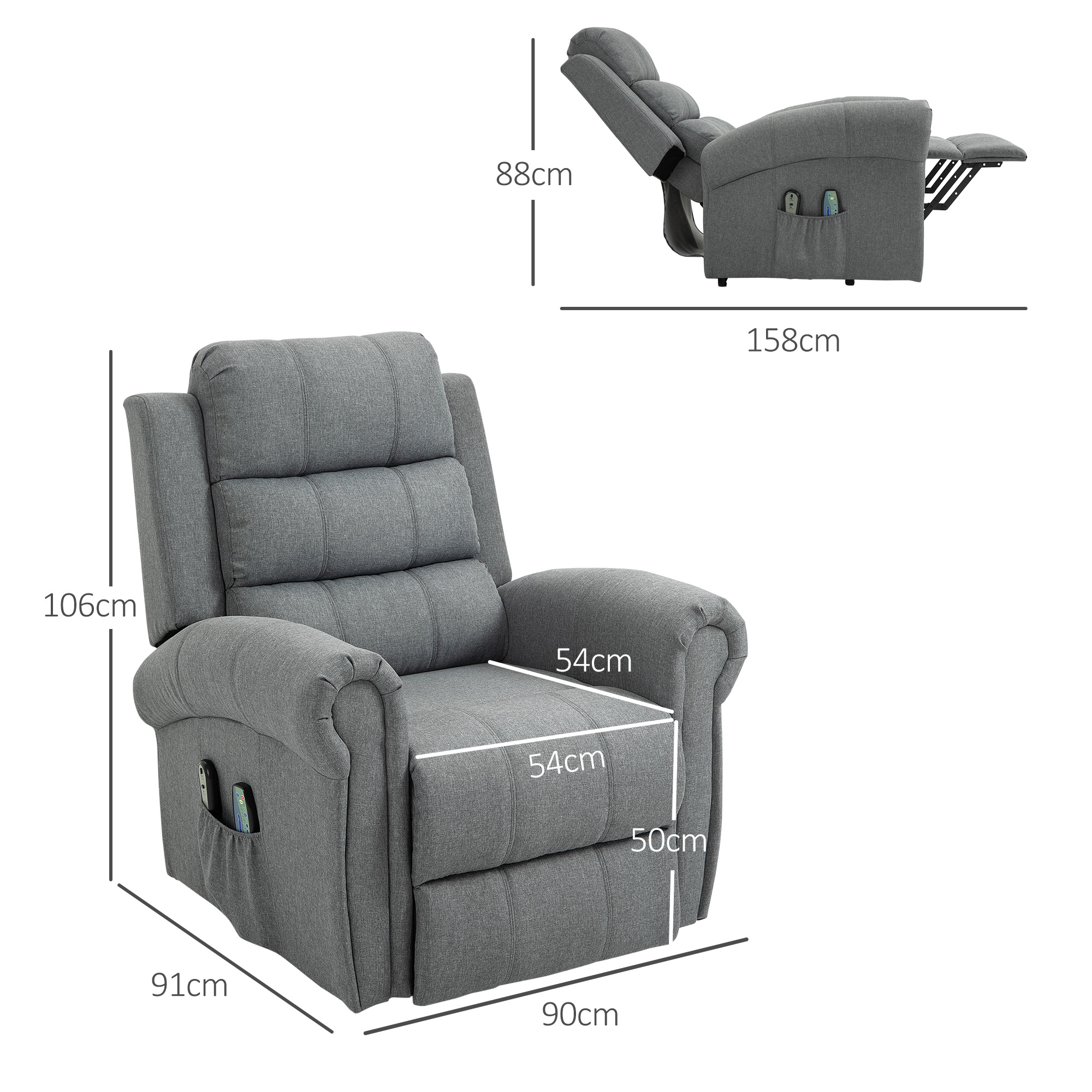 Sillón reclinable gris con dimensiones. Una vista muestra el sillón completo, otra el reposapiés extendido.