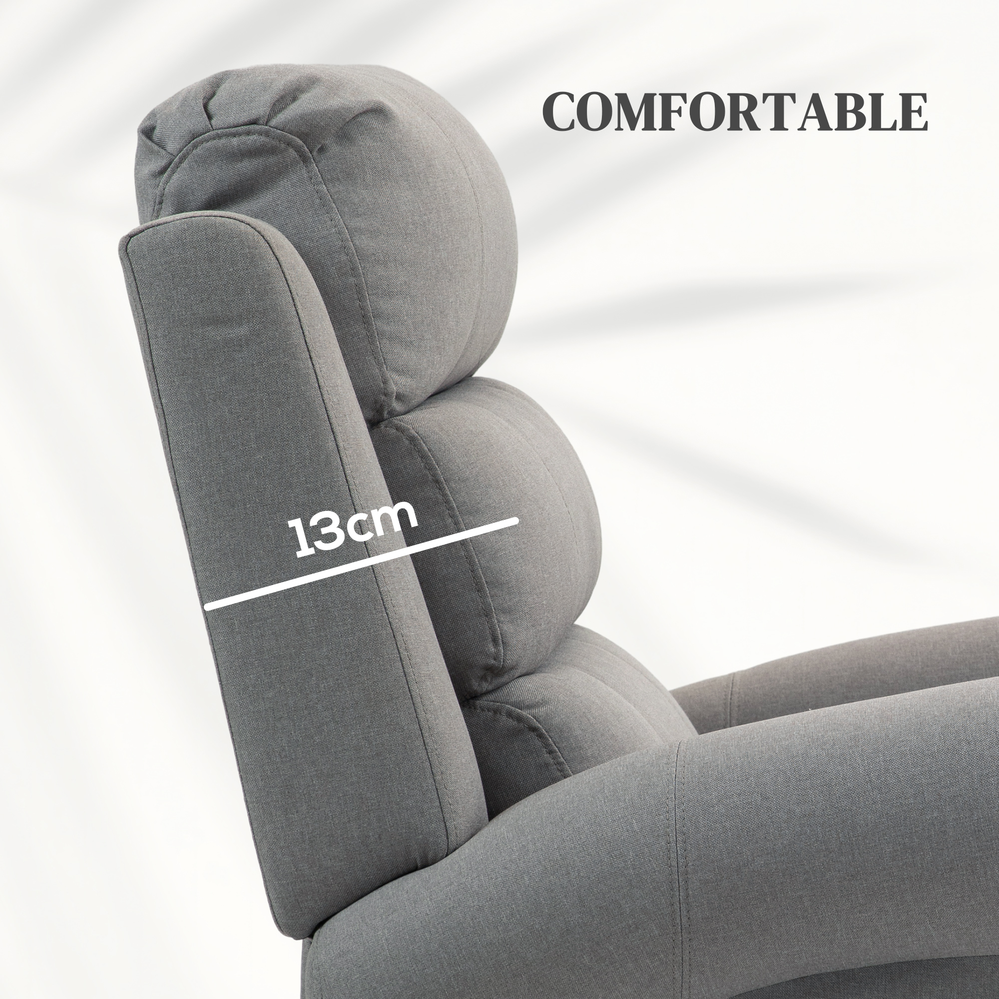 Sillón gris con una medida de 13 cm en el respaldo.
