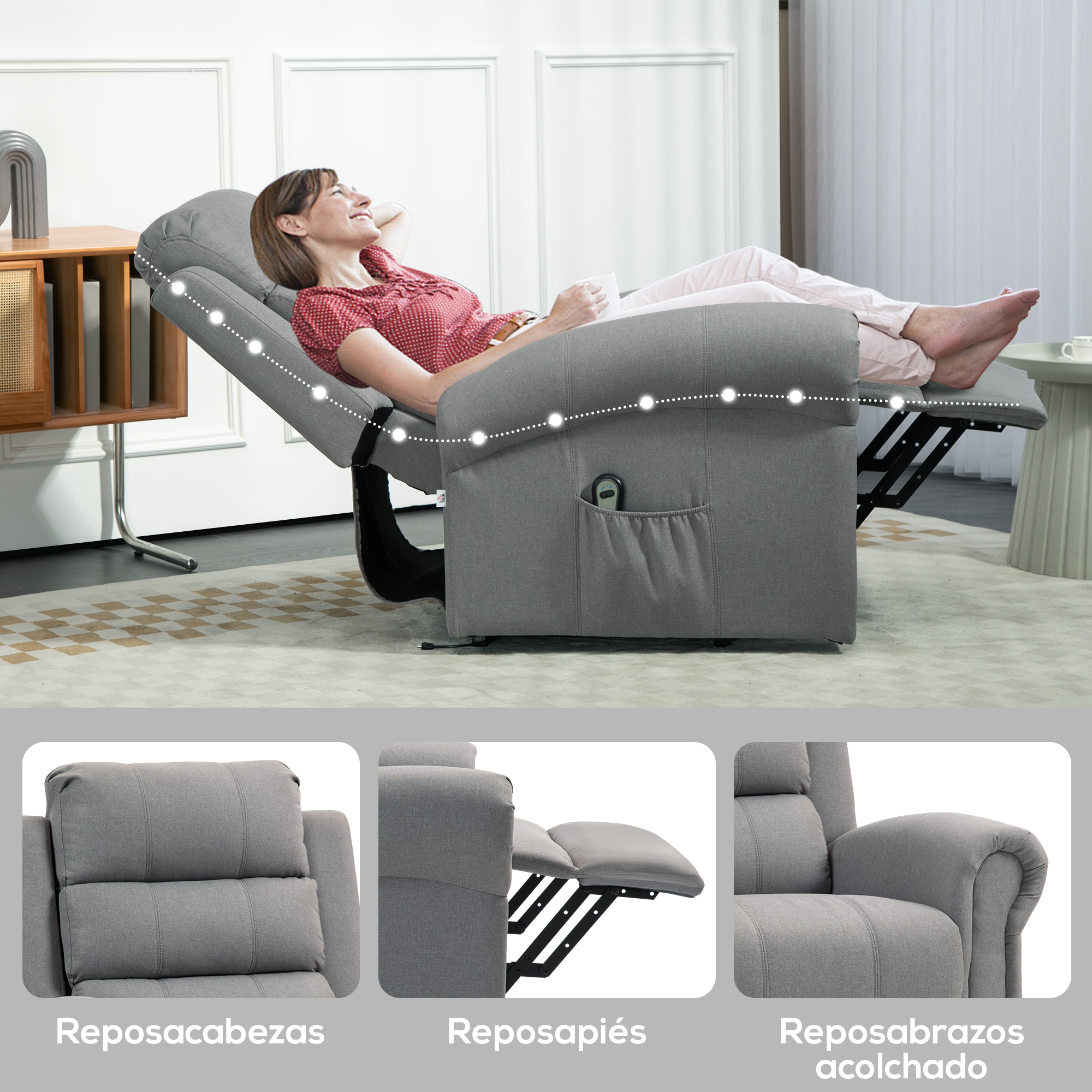 Una mujer se relaja en un sillón reclinable gris con el reposapiés extendido.