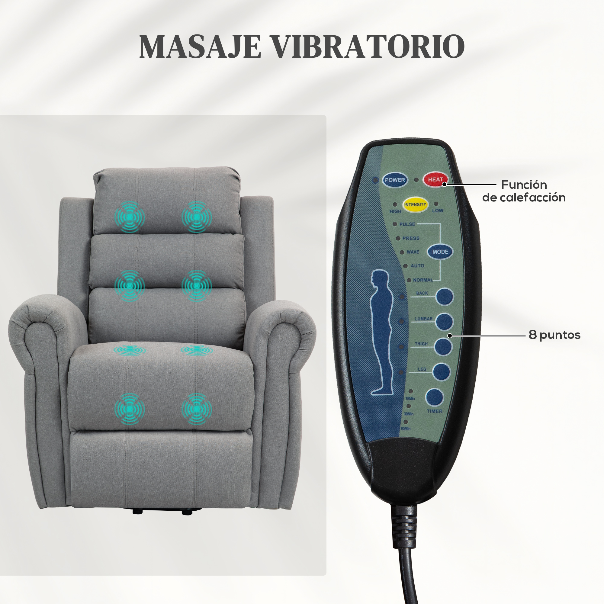 Sillón de masaje gris con mando que muestra funciones de masaje y calor.