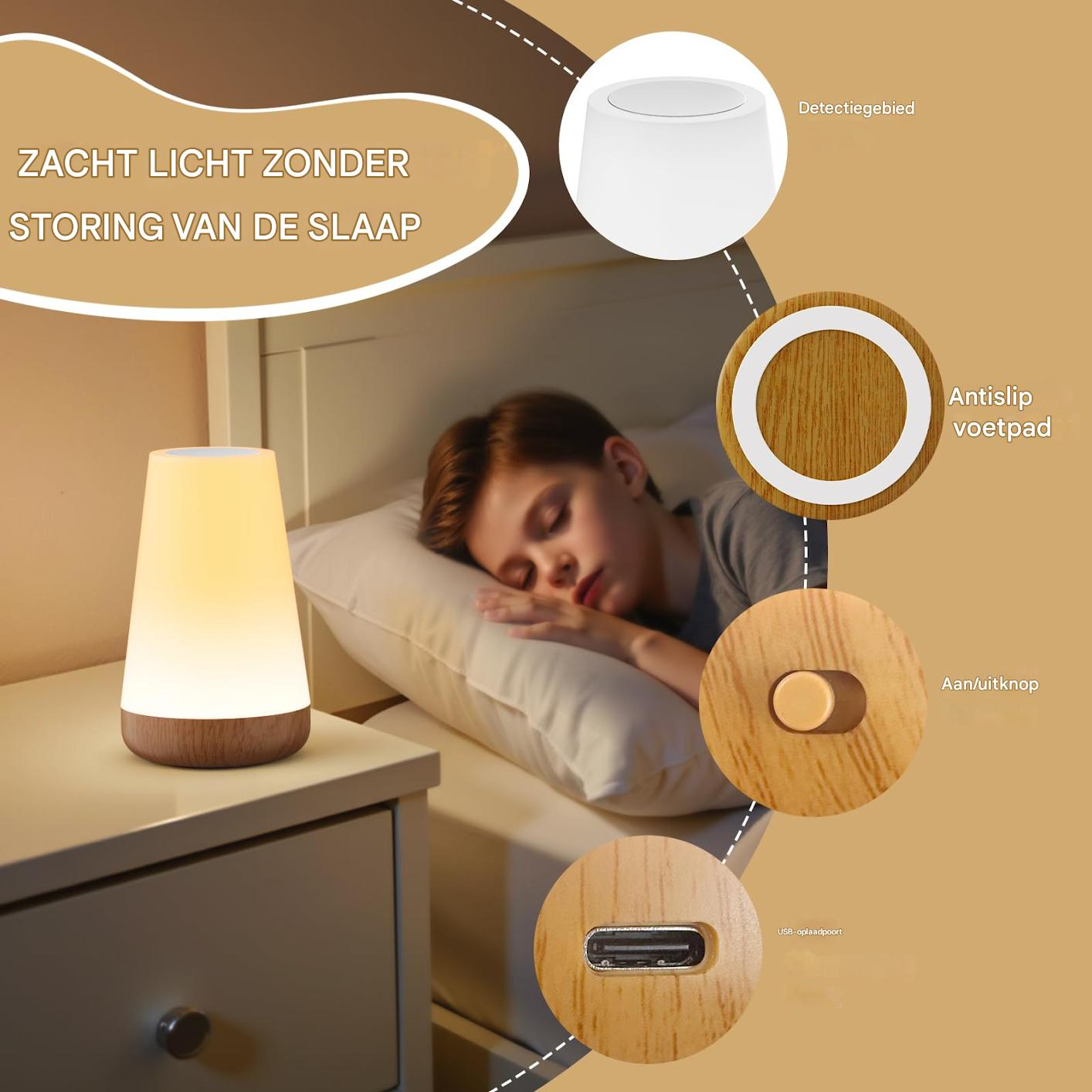 Ein Nachttisch mit Lampe und schlafendem Kind. Details der Lampe werden gezeigt.