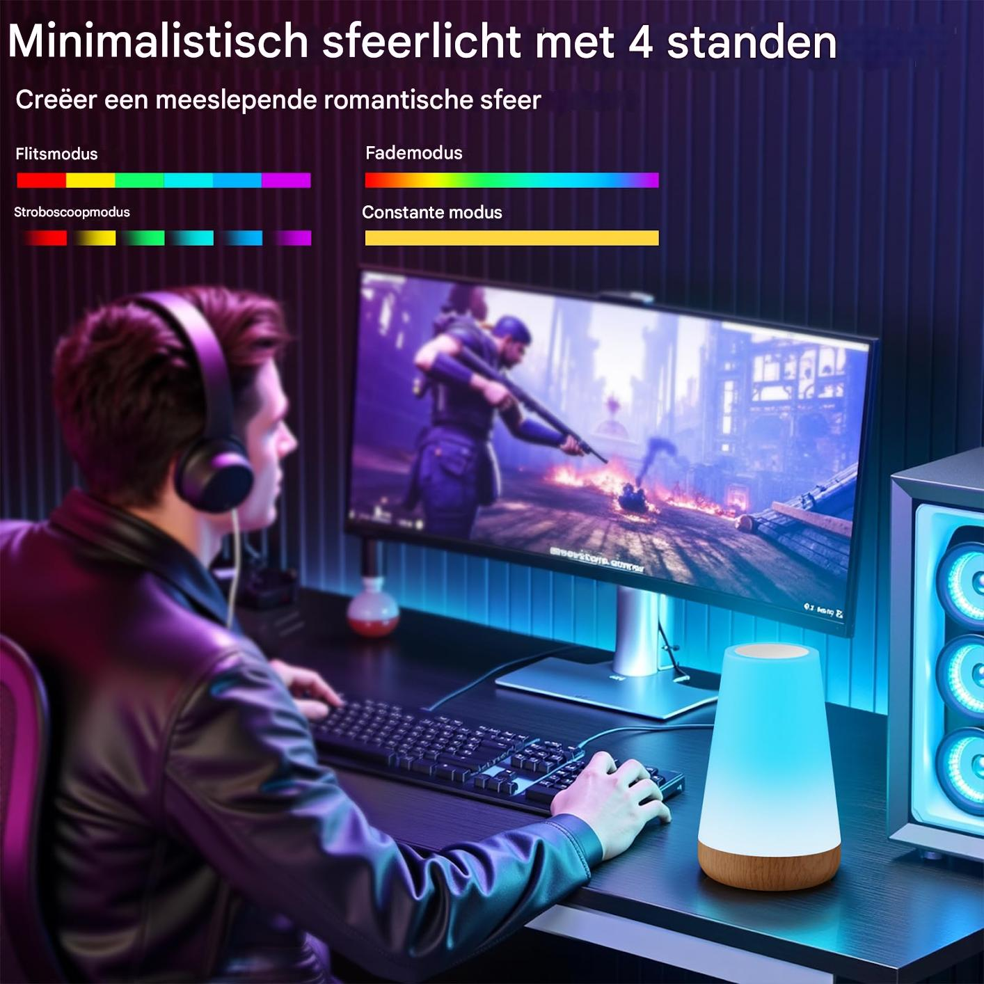 Mann spielt Computerspiel mit beleuchteter Lampe und RGB-PC.