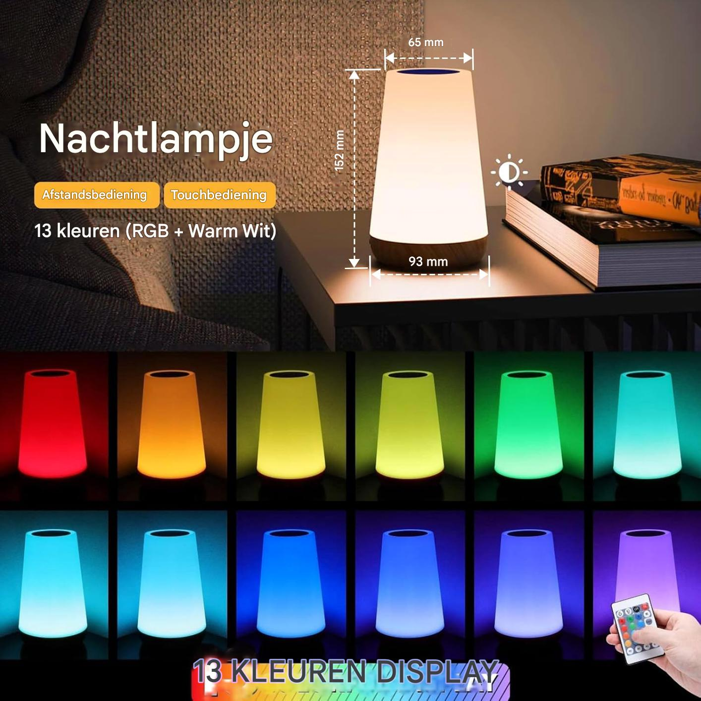 Eine Nachttischlampe in vielen Farben, mit Fernbedienung und Touch-Steuerung.