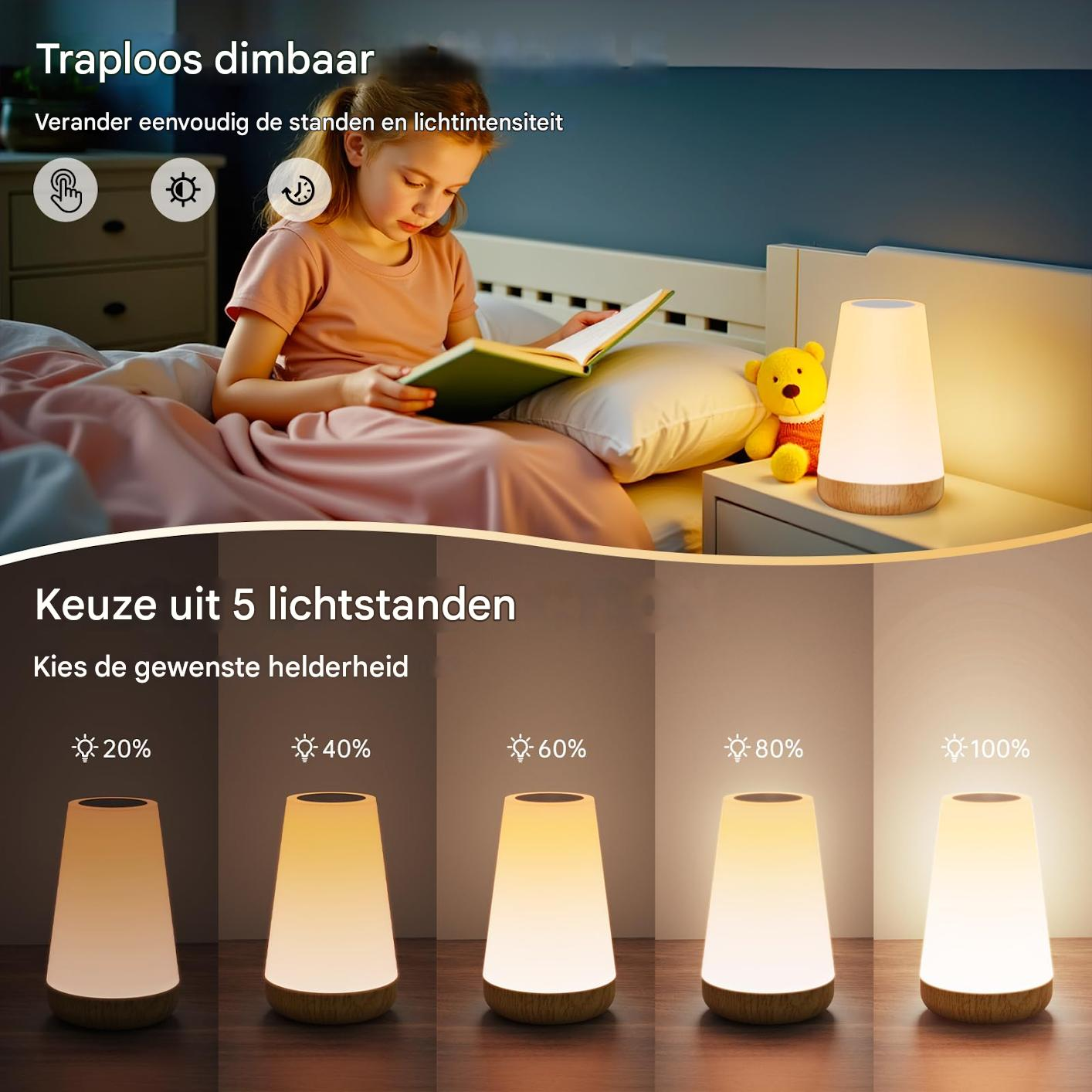 Mädchen liest im Bett, Lampe daneben. 5 Helligkeitsstufen von 20% bis 100%.