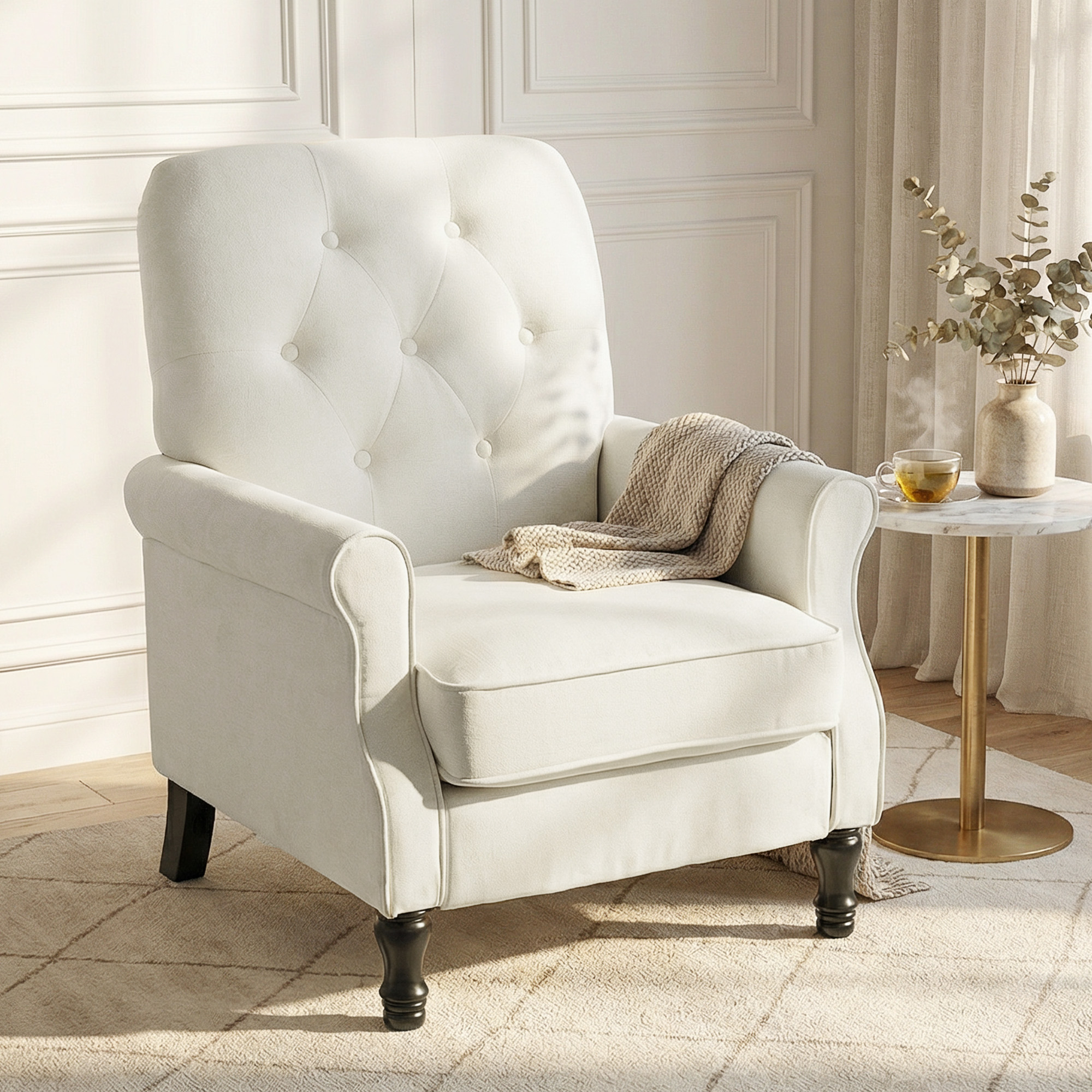 Un sillón color crema con tapicería de botones y una manta sobre el asiento.