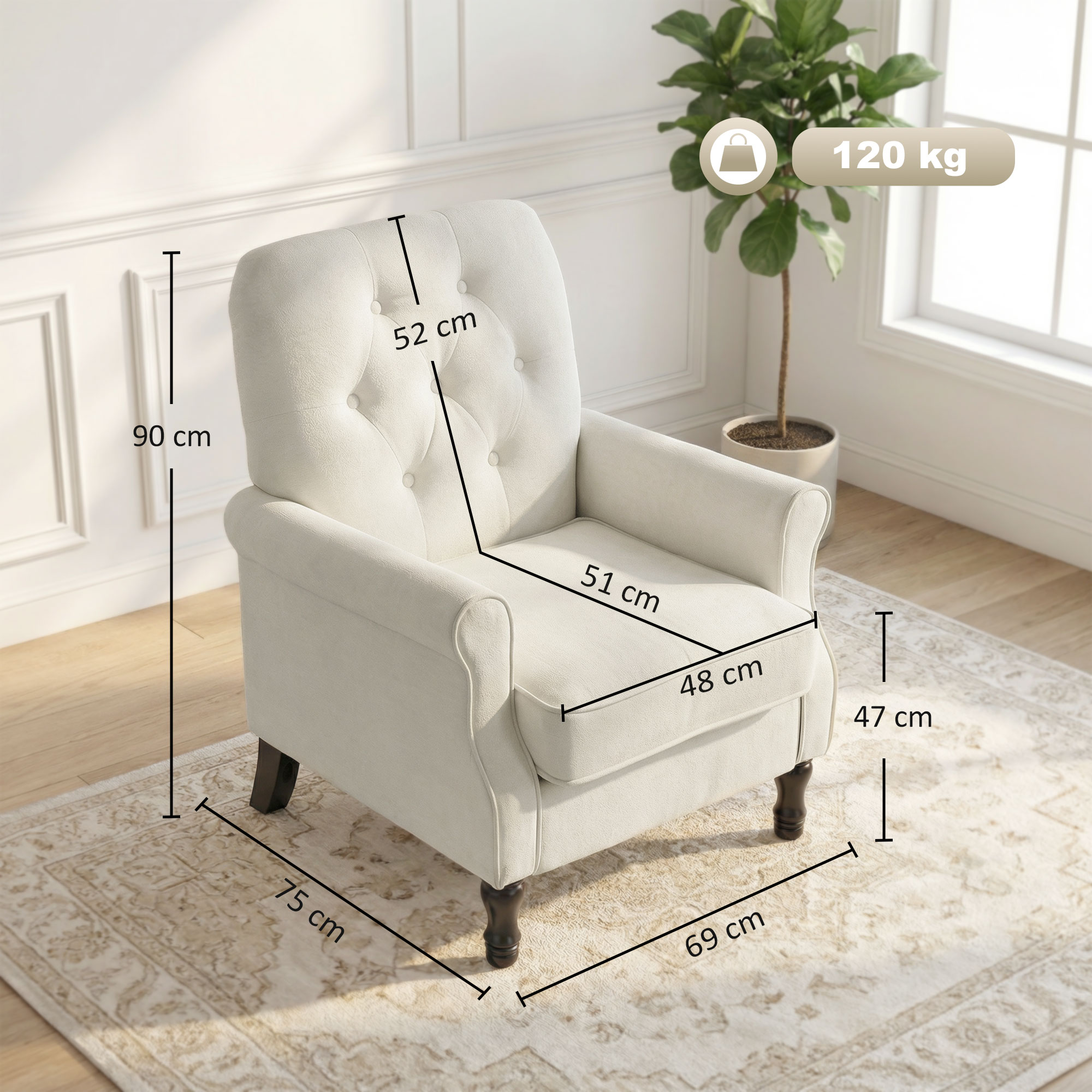 Un sillón color crema con capitoné, se muestran las dimensiones. Máx. 120 kg.