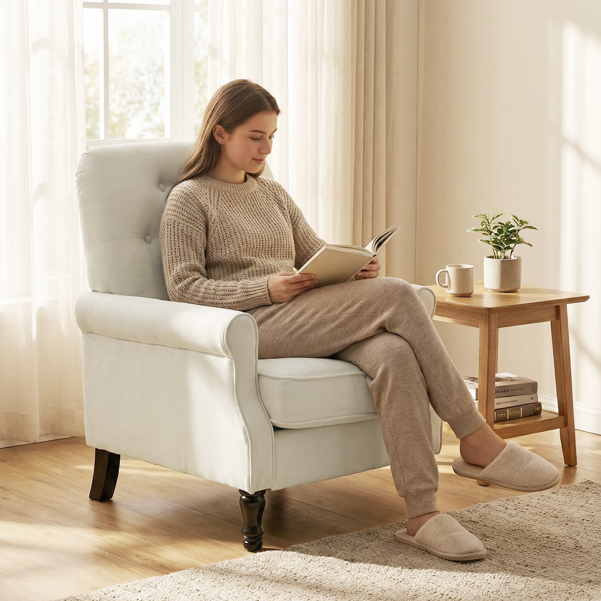 Una mujer lee en un sillón. Una mesita auxiliar con planta y taza está a su lado.