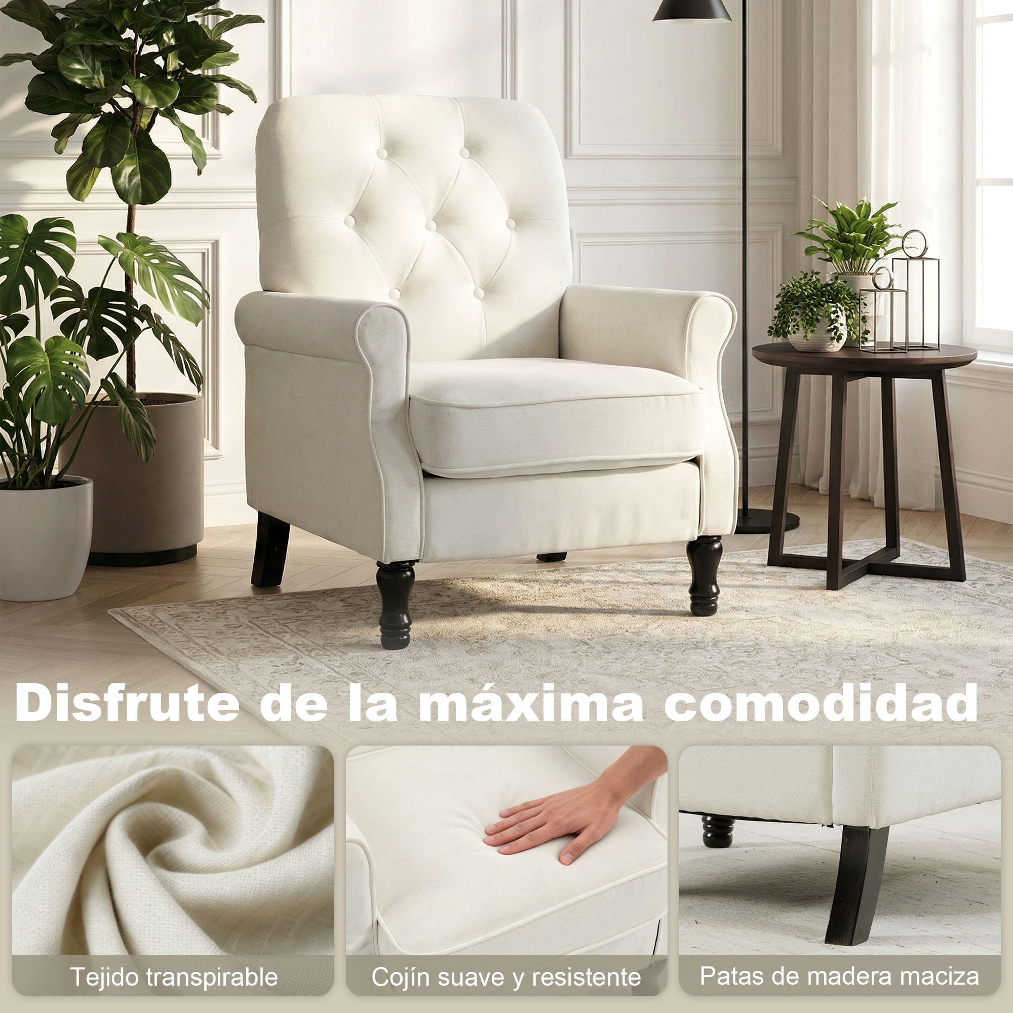 Un sillón beige con respaldo y brazos capitoné se sienta sobre una alfombra.