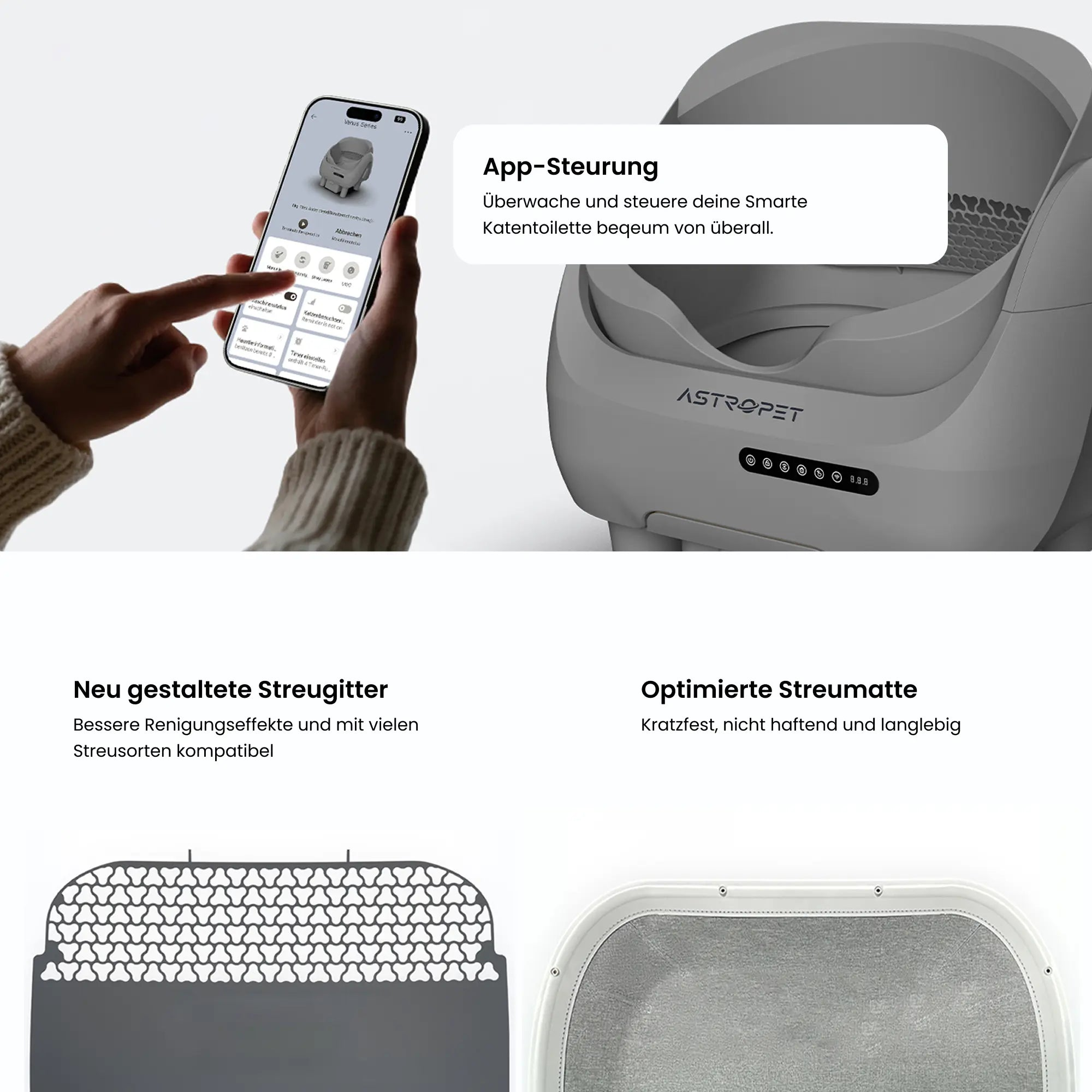 Eine Person hält ein Smartphone mit einer App zur Steuerung einer Katzentoilette.