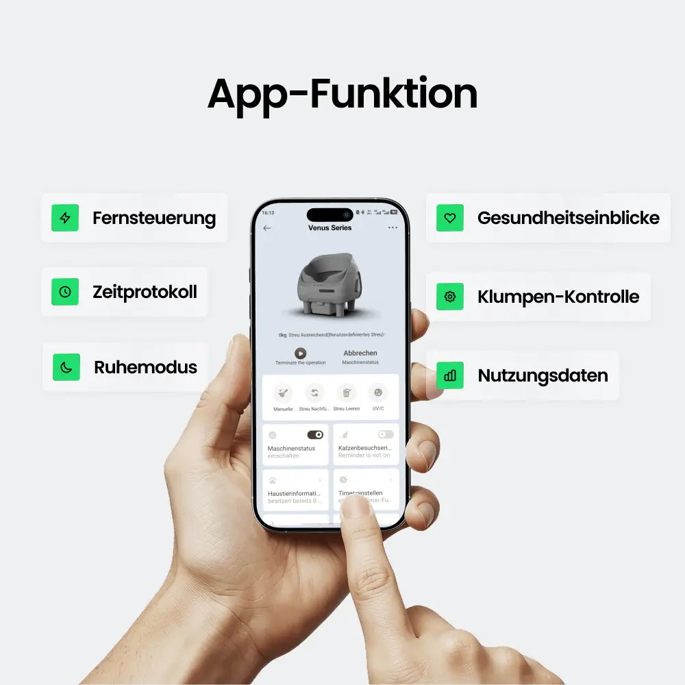 App-Funktion: Smartphone zeigt eine App mit vielen Optionen wie Fernsteuerung, Zeitprotokoll, Ruhemodus.