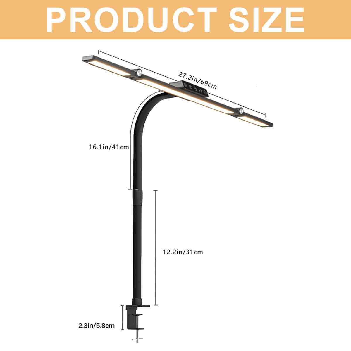 Schwarze Schreibtischlampe mit Klemmfuß und Maßen 69cm, 41cm, 31cm, 5.8cm.