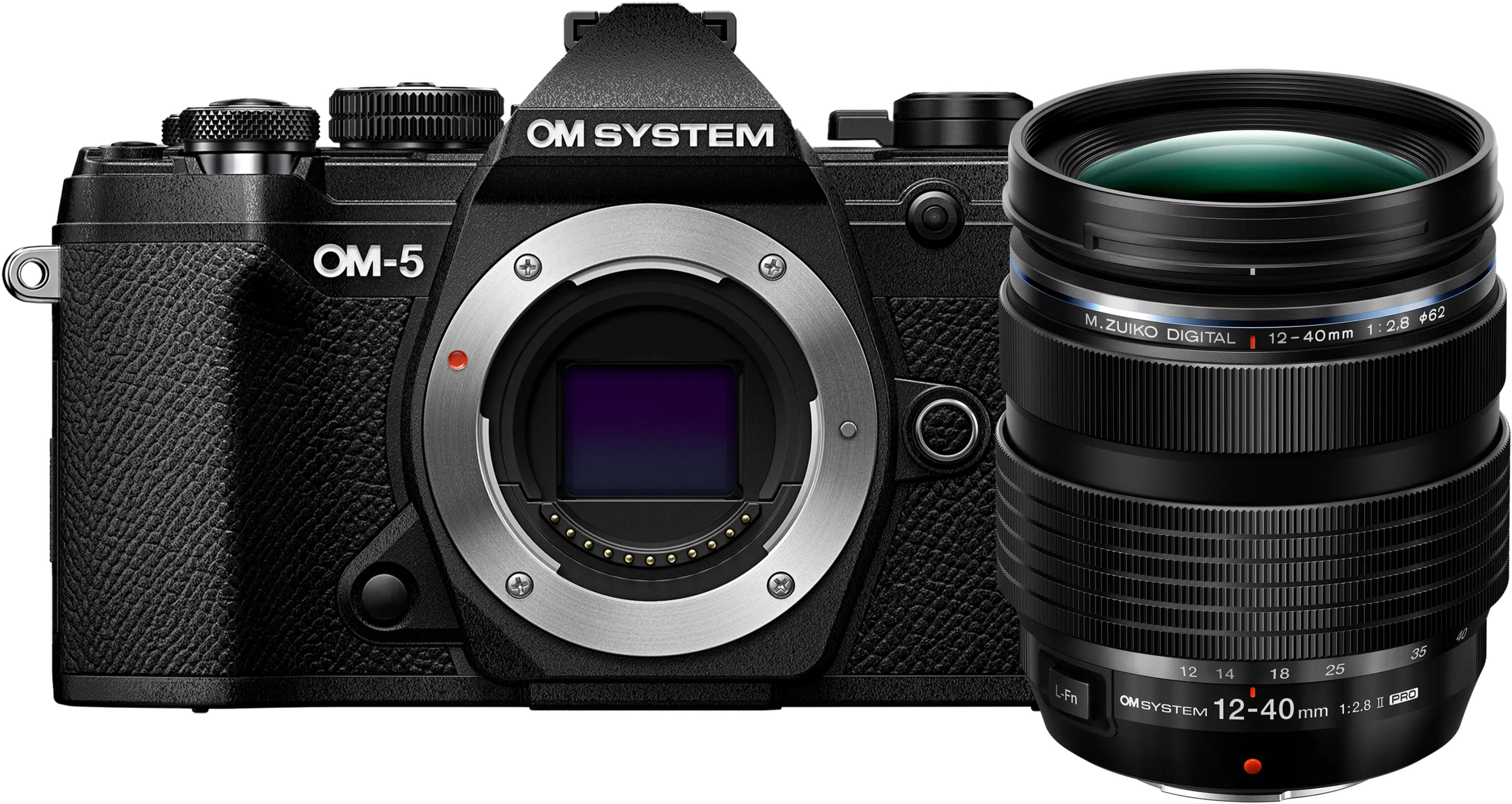 A black OM System OM-5 camera with a M.Zuiko 12-40mm lens beside it.
