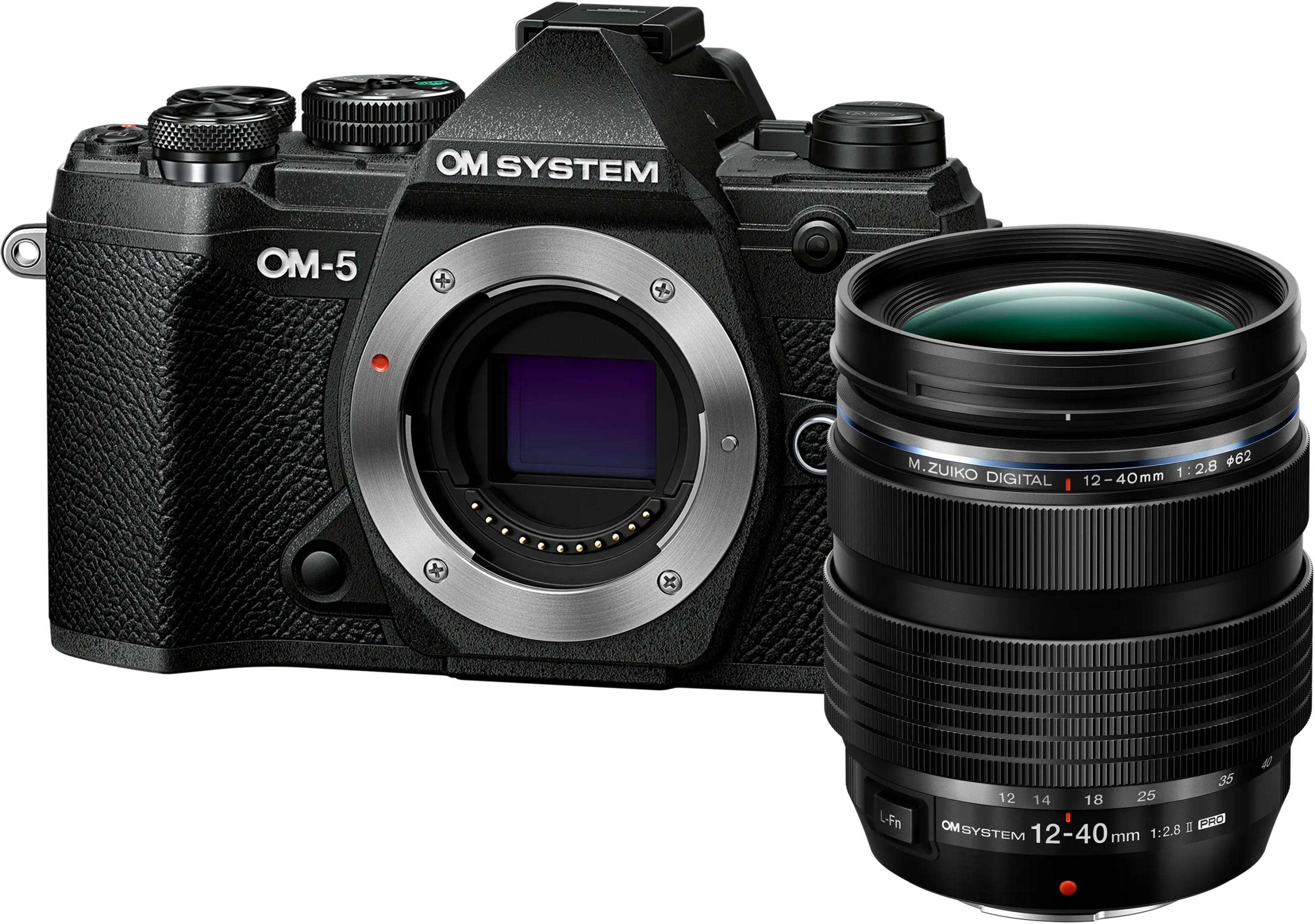 Black OM-5 camera with attached 12-40mm 1:2.8 lens.