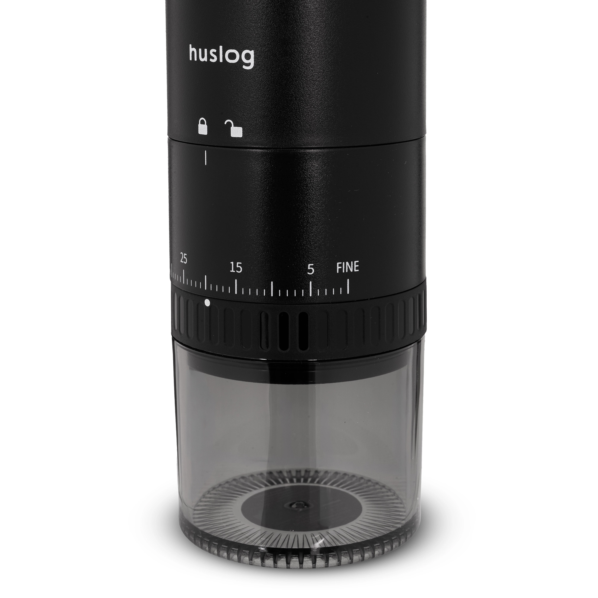 Czarny regulator grubości mielenia z ustawieniami od 5 do 25 i przezroczystym pojemnikiem.