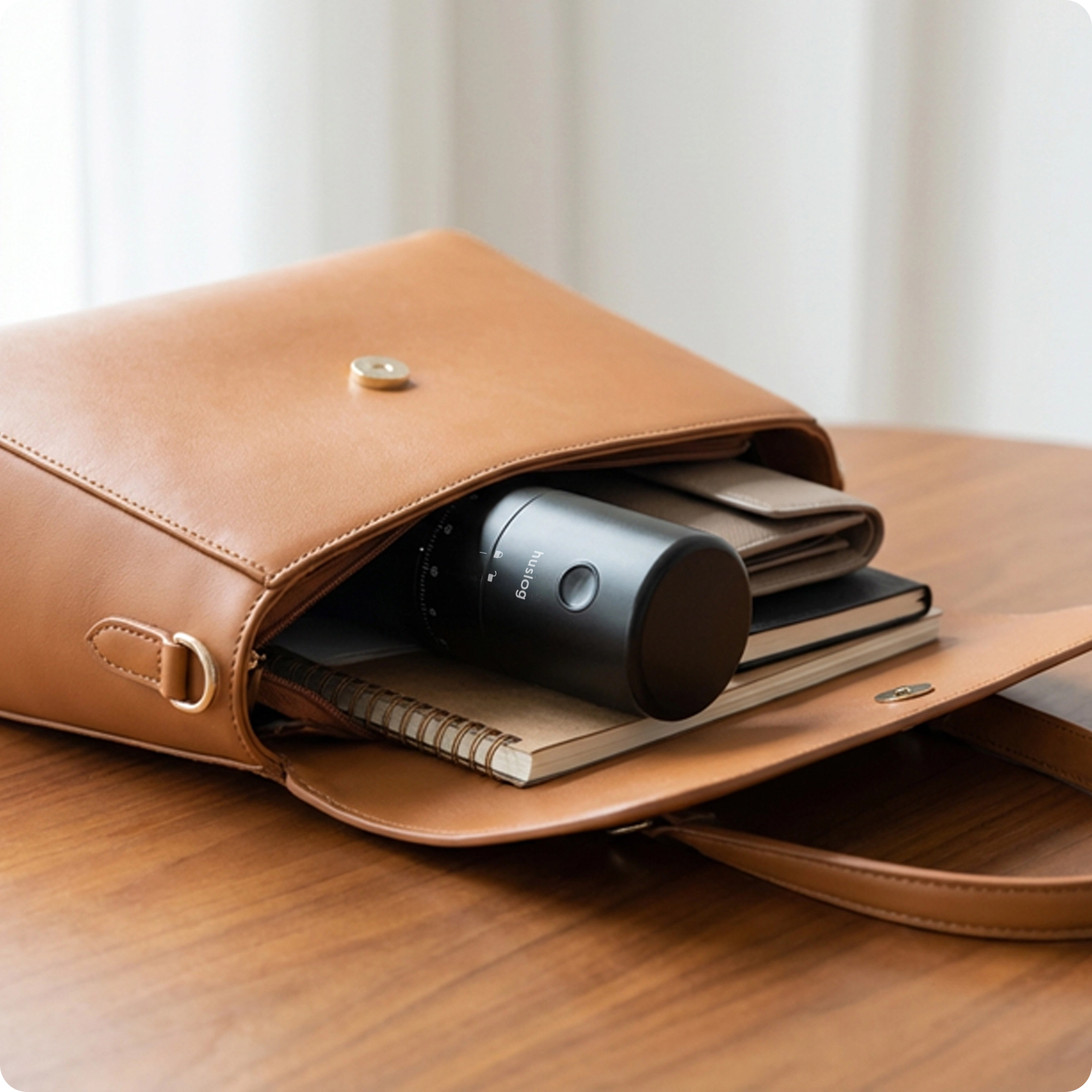 Brązowa skórzana torba leży na drewnianym stole, zawiera czarne urządzenie elektroniczne i notatniki.