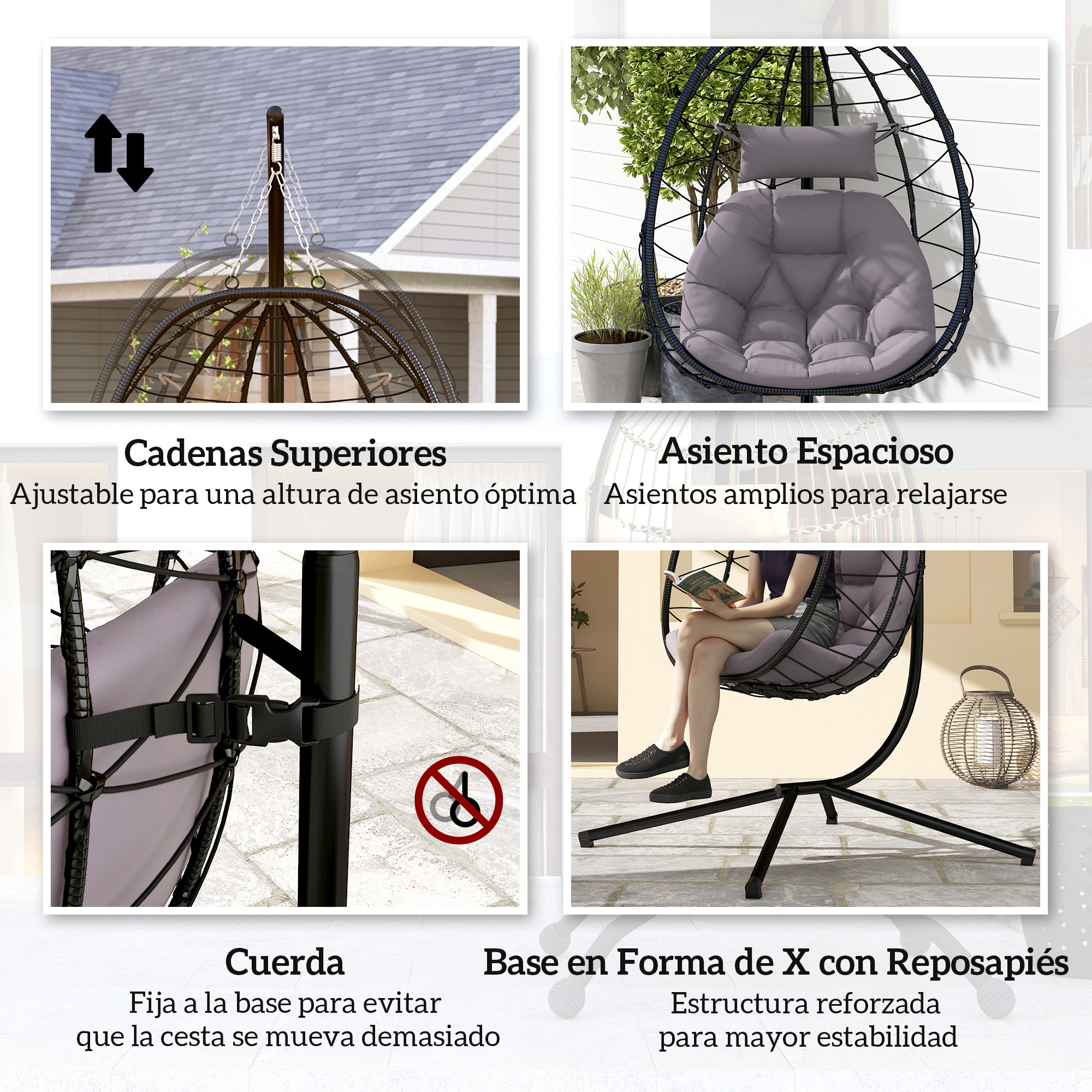 Silla colgante con cojín, suspensión de cadena y base en X.