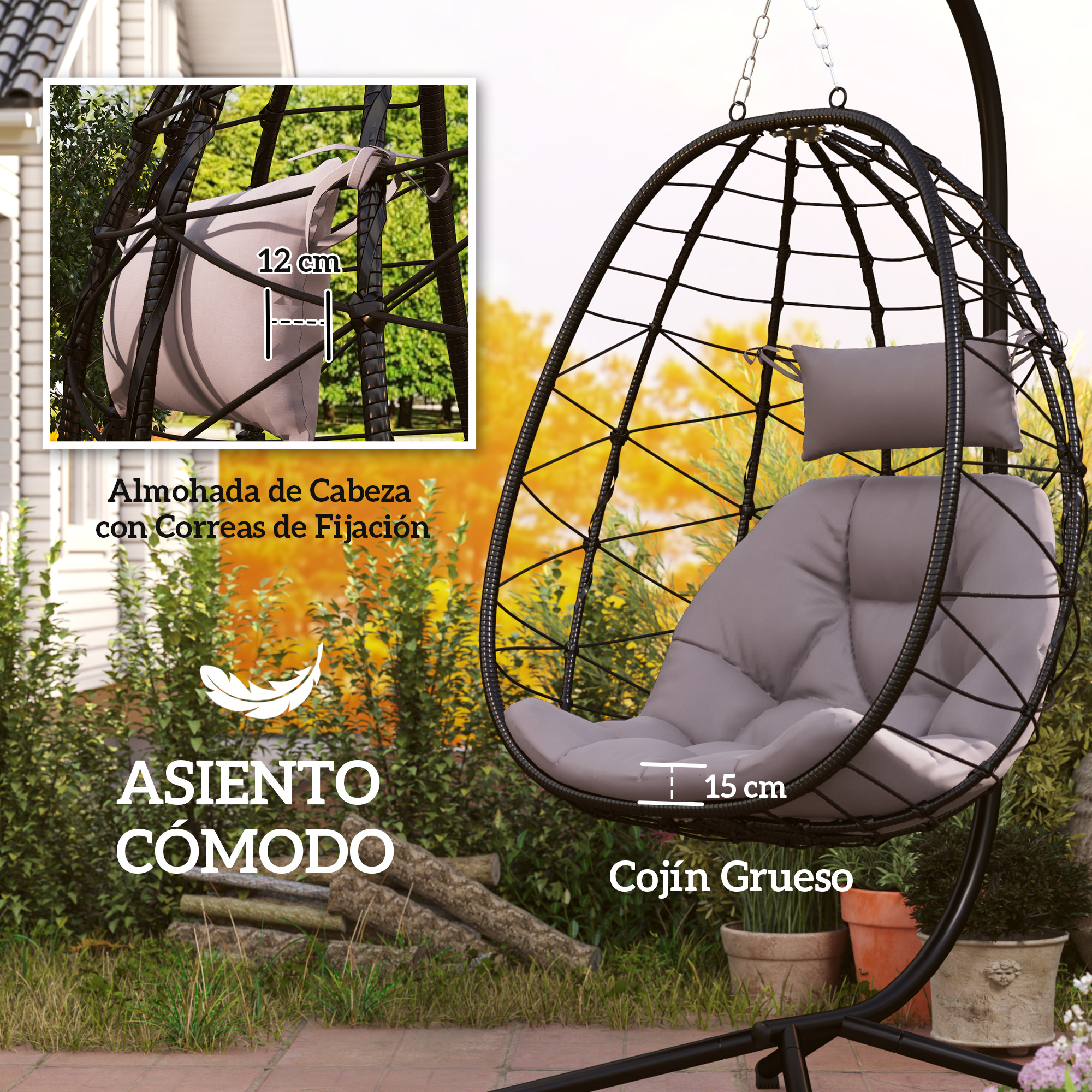Una silla colgante negra con cojines grises, al aire libre.