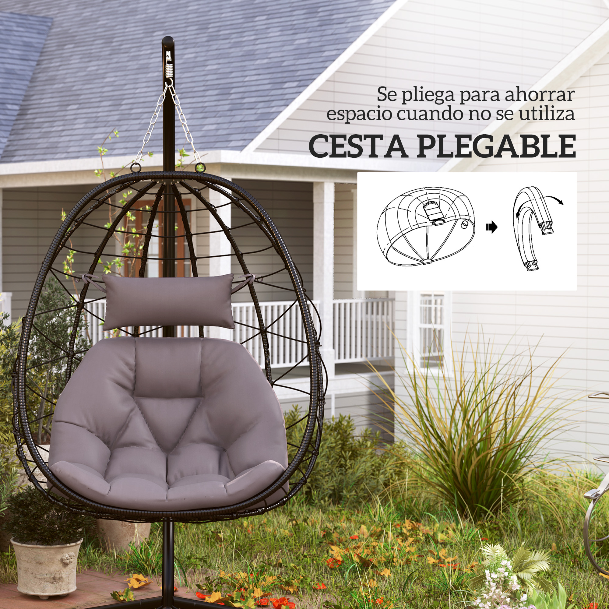 Una silla de cesta colgante negra con cojines grises al aire libre. Infografías muestran cómo plegarla.