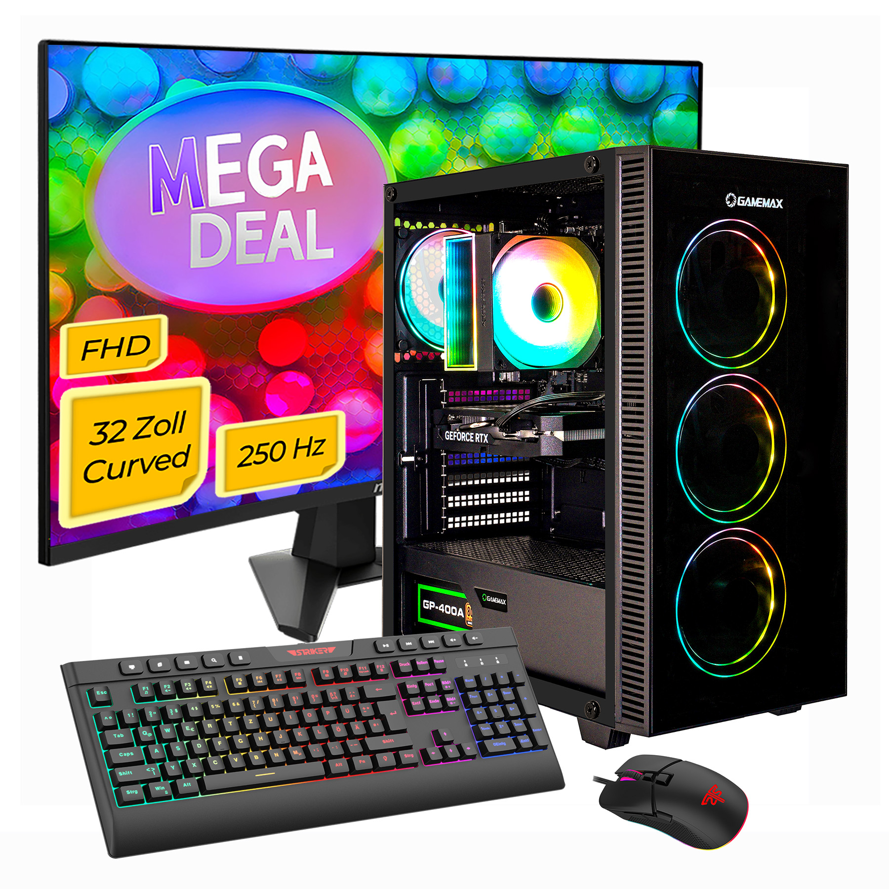 Gaming-PC mit beleuchteter Tastatur, Maus und 32-Zoll-FHD-Curved-Monitor.