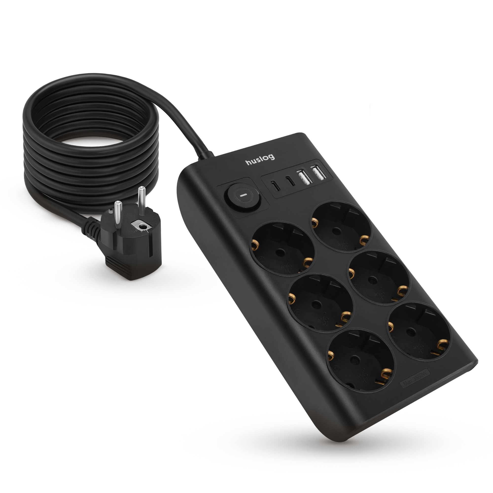 Czarna listwa zasilająca z 6 gniazdami, 2 portami USB i przełącznikiem. Zwinięty kabel.