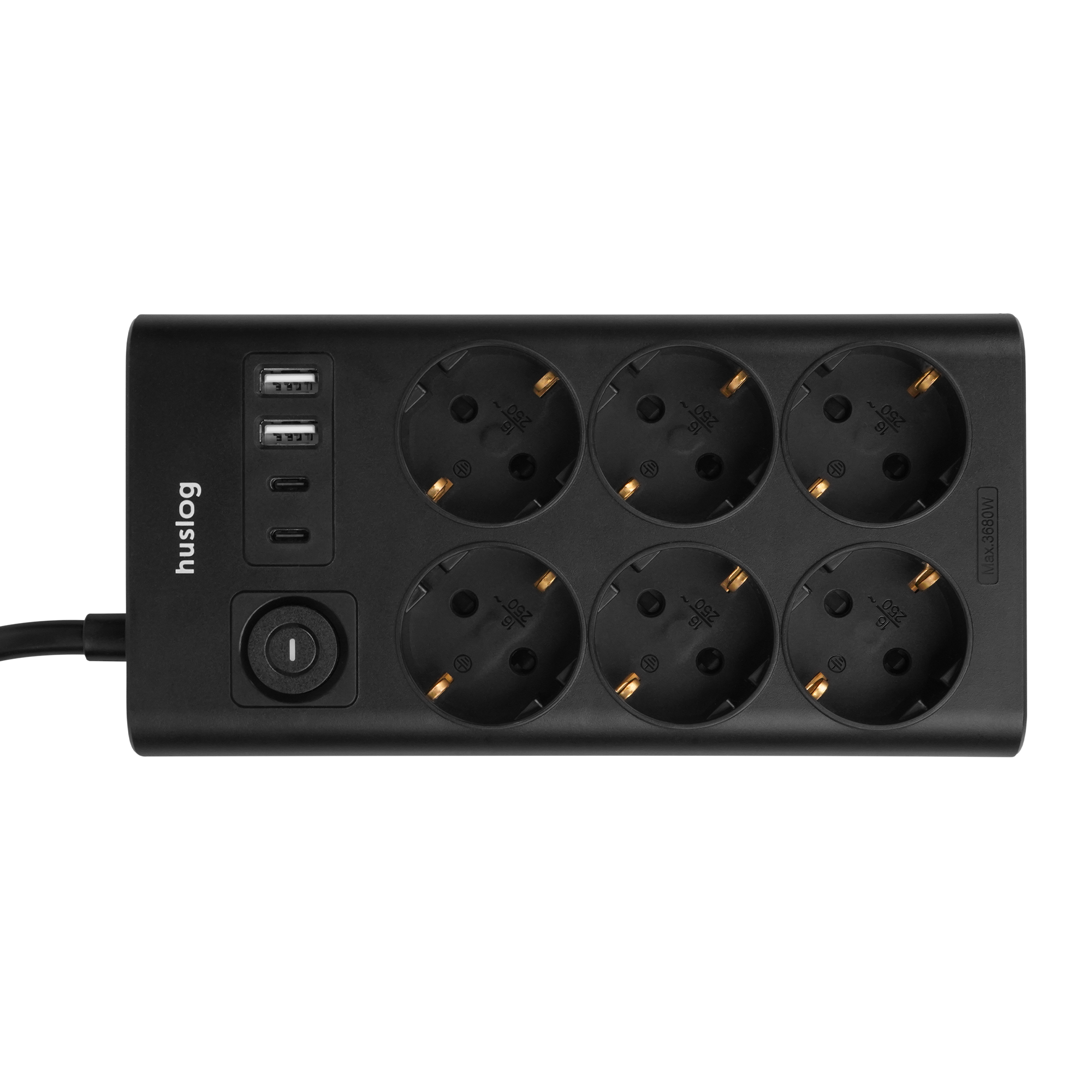 Czarna listwa zasilająca z 2 portami USB, 2 portami USB-C i 6 gniazdami.