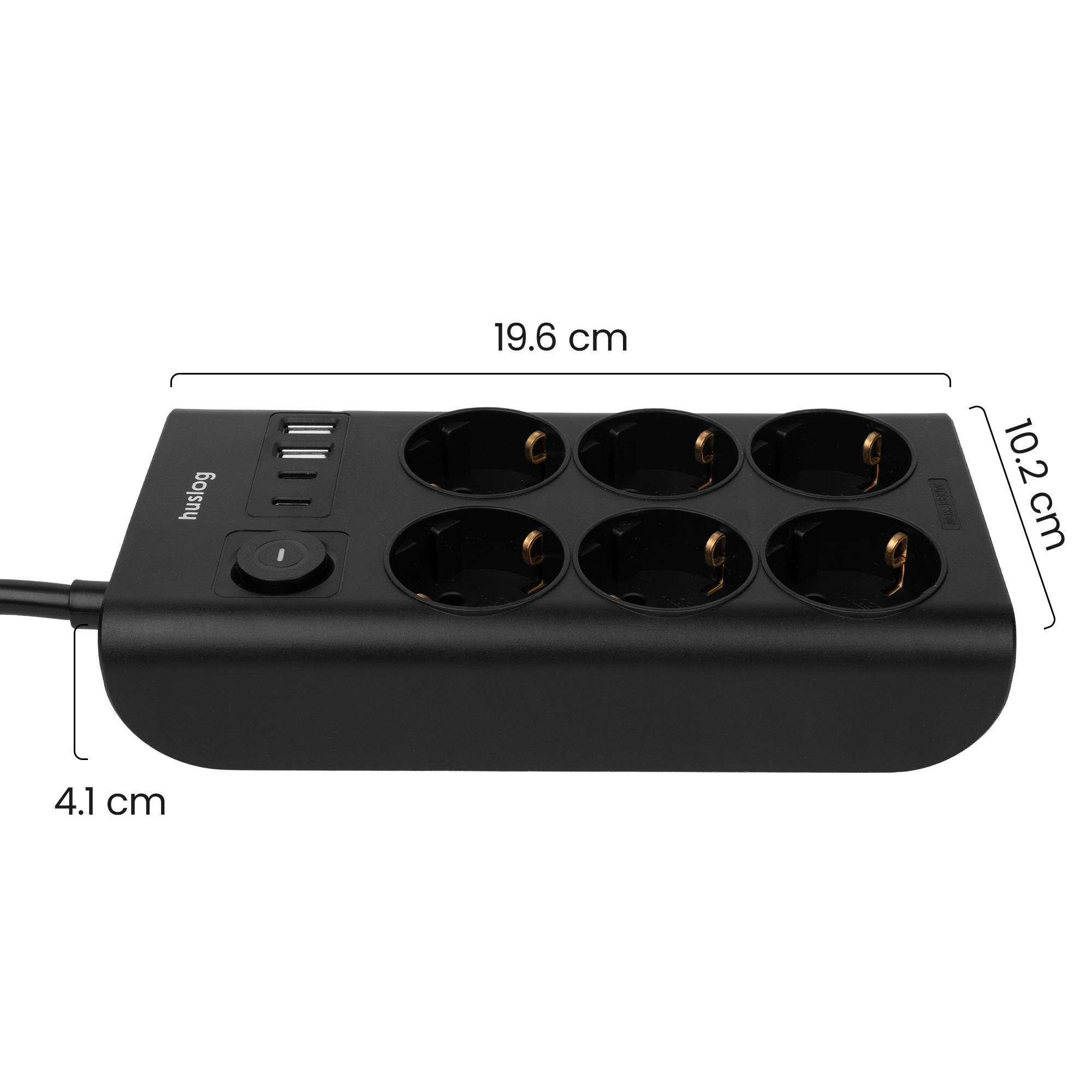 Czarna listwa zasilająca z 6 gniazdami i 3 portami USB.