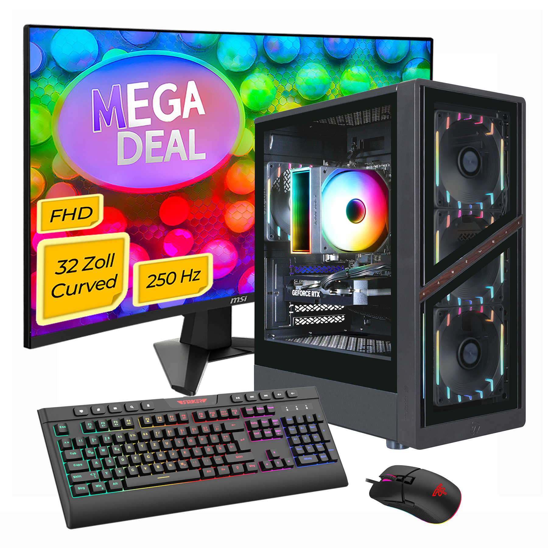 Gaming-PC mit RGB-Lüftern, Tastatur und Maus, mit 32-Zoll-Monitor