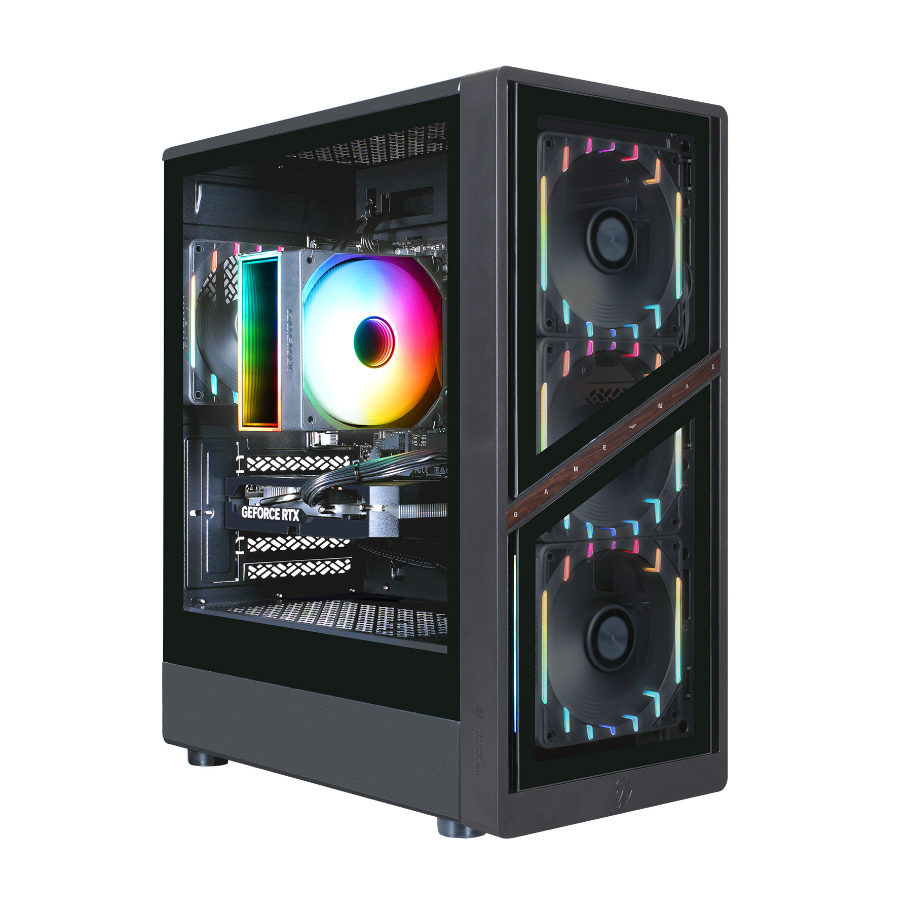 Ein schwarzes PC-Gehäuse mit beleuchteten Lüftern und Komponenten.