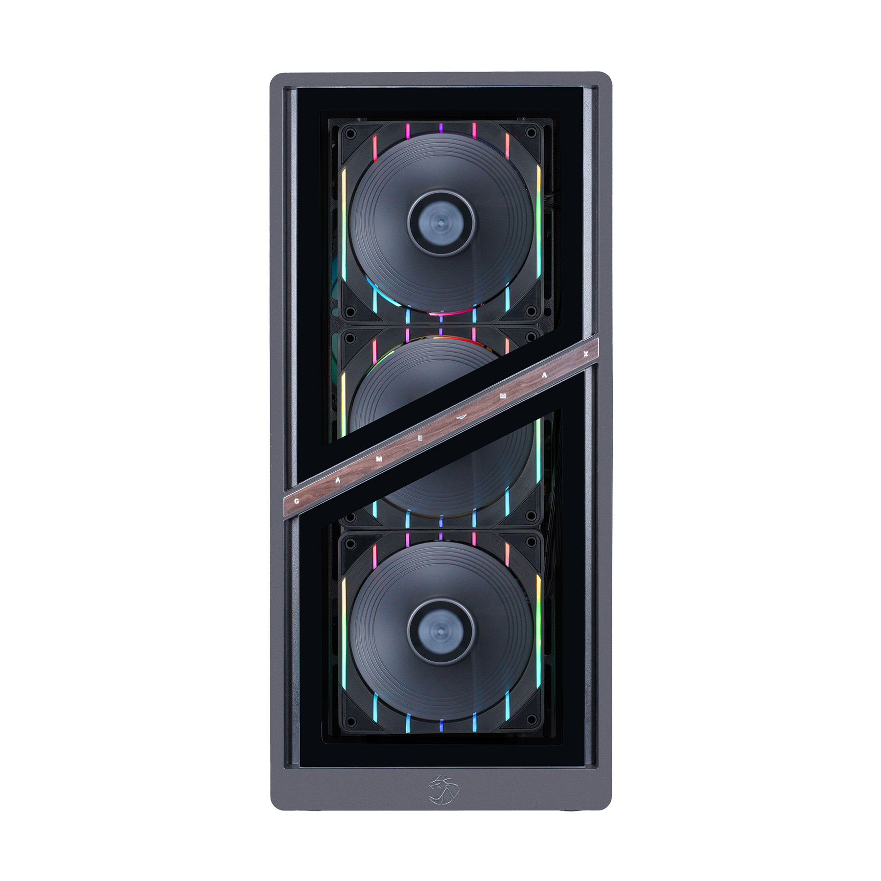 Ein graues PC-Gehäuse mit drei schwarzen Lüftern mit RGB-Beleuchtung und einem Holzdetail.