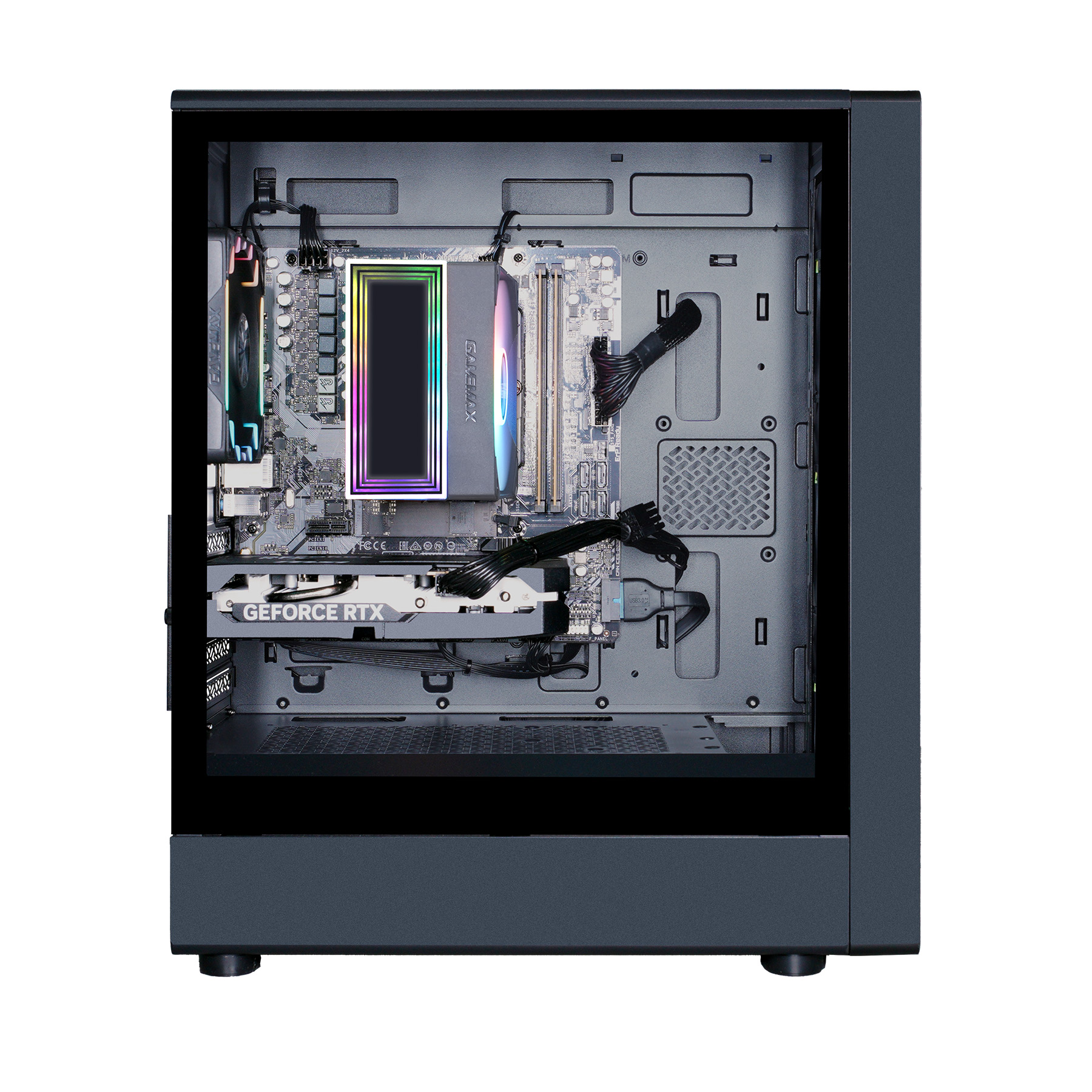 Ein PC-Gehäuse mit Motherboard, CPU-Kühler, Grafikkarte und Kabeln.